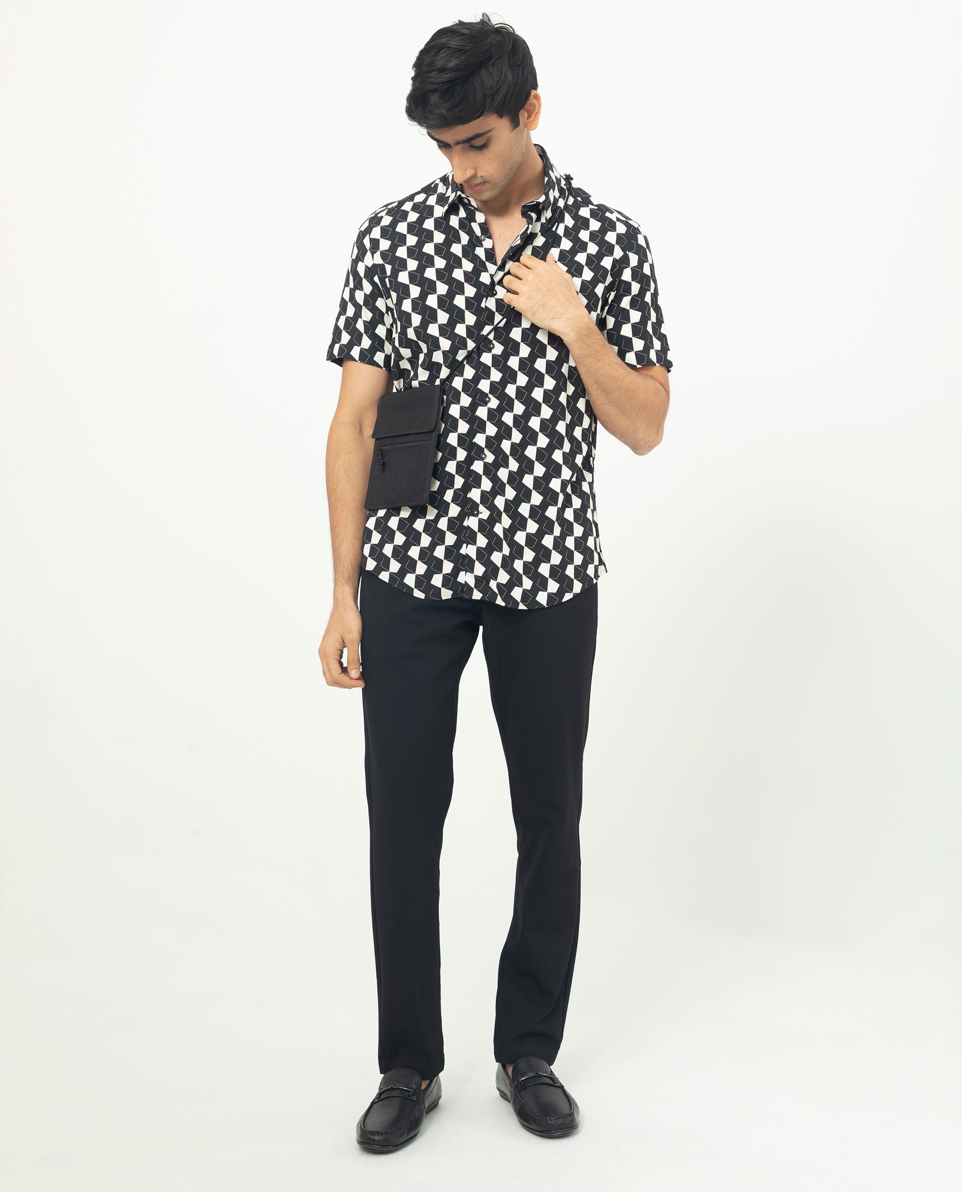 Rare Rabbit Men's Hinge Black Viscose Fabric Geometric Print Half Sleeves Shirt