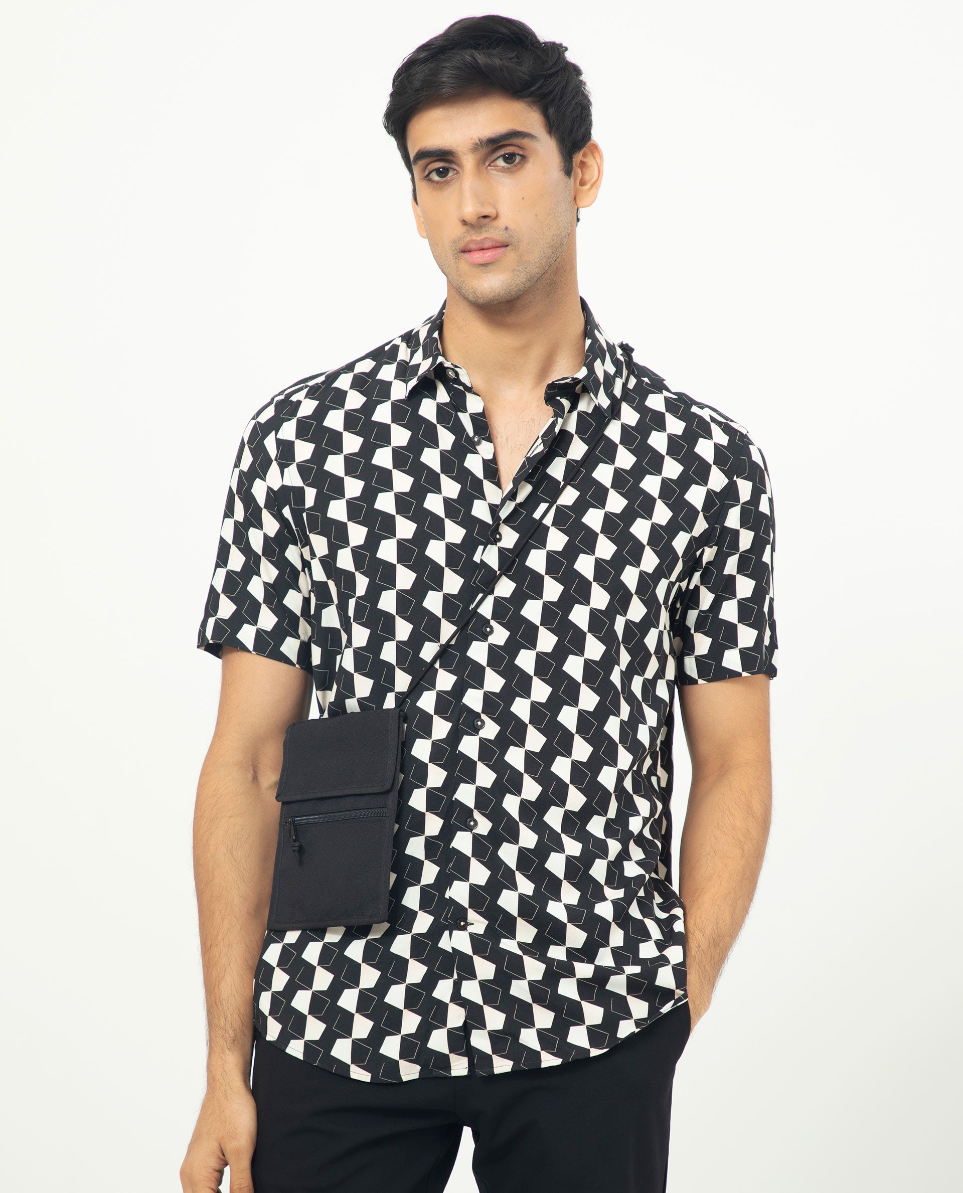 Rare Rabbit Men's Hinge Black Viscose Fabric Geometric Print Half Sleeves Shirt