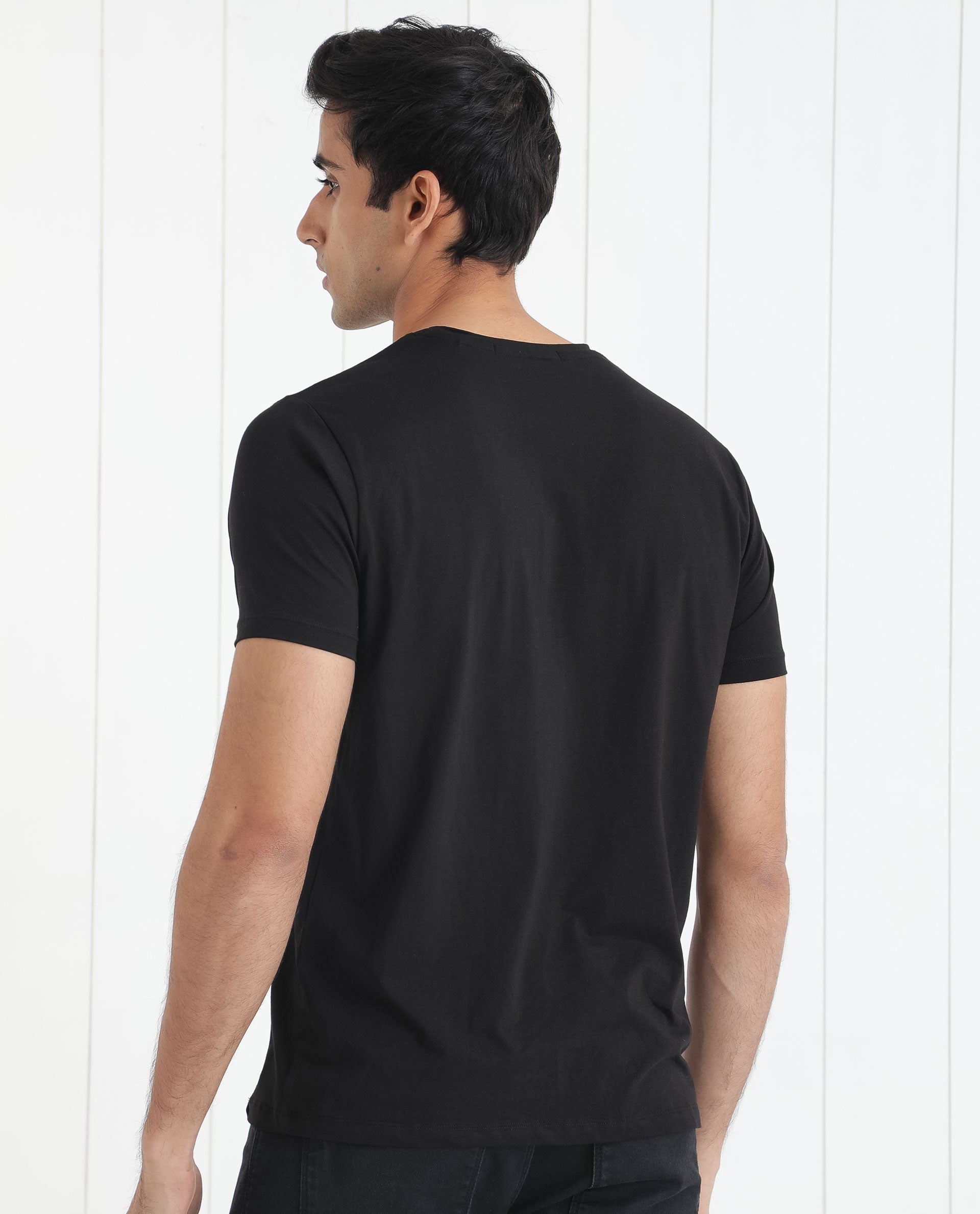 Rare Rabbit Men's Heras Black Crew Neck Foil and Plastisol Overall Branding Half Sleeves Regular Fit T-Shirt