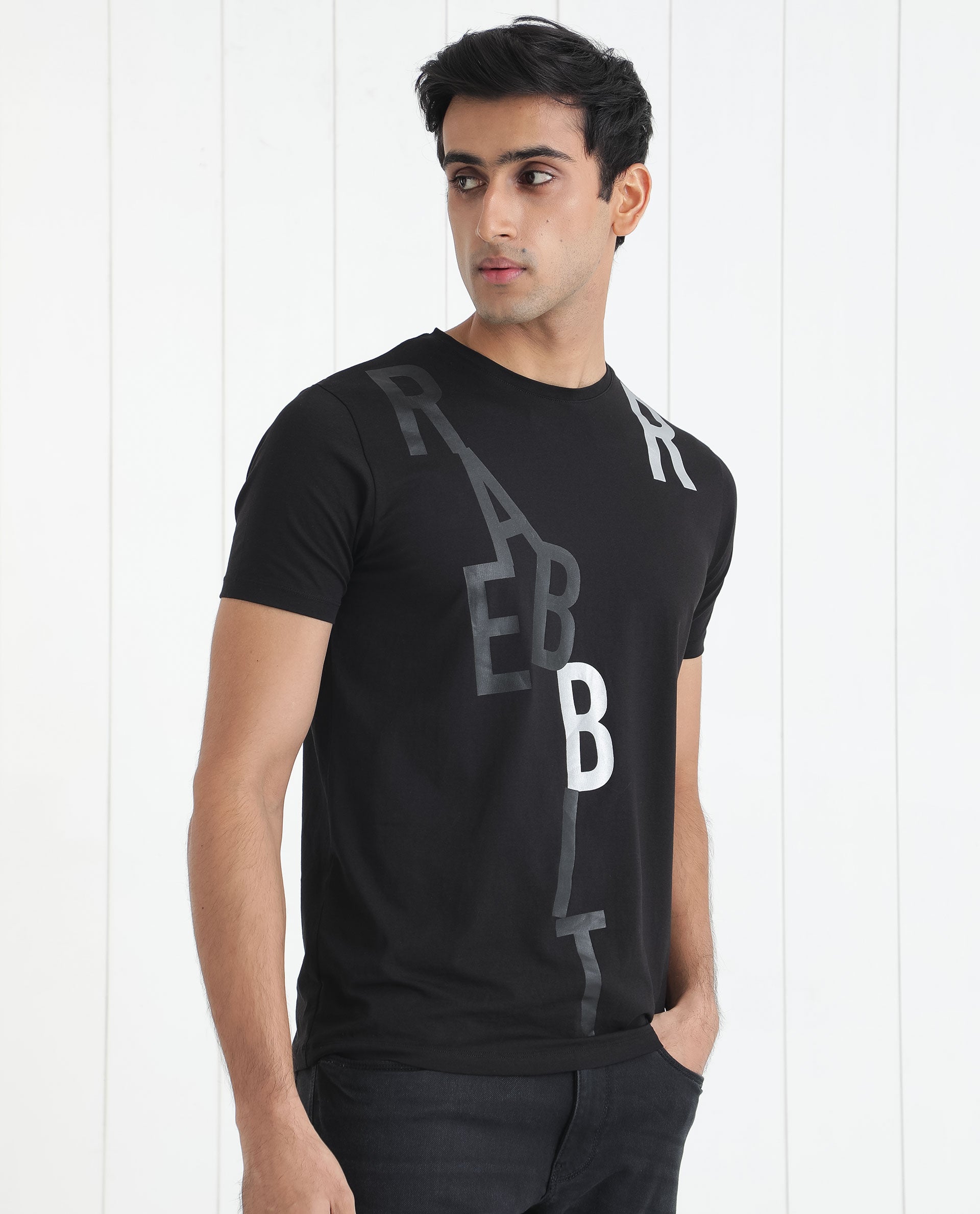 Rare Rabbit Men's Heras Black Crew Neck Foil and Plastisol Overall Branding Half Sleeves Regular Fit T-Shirt