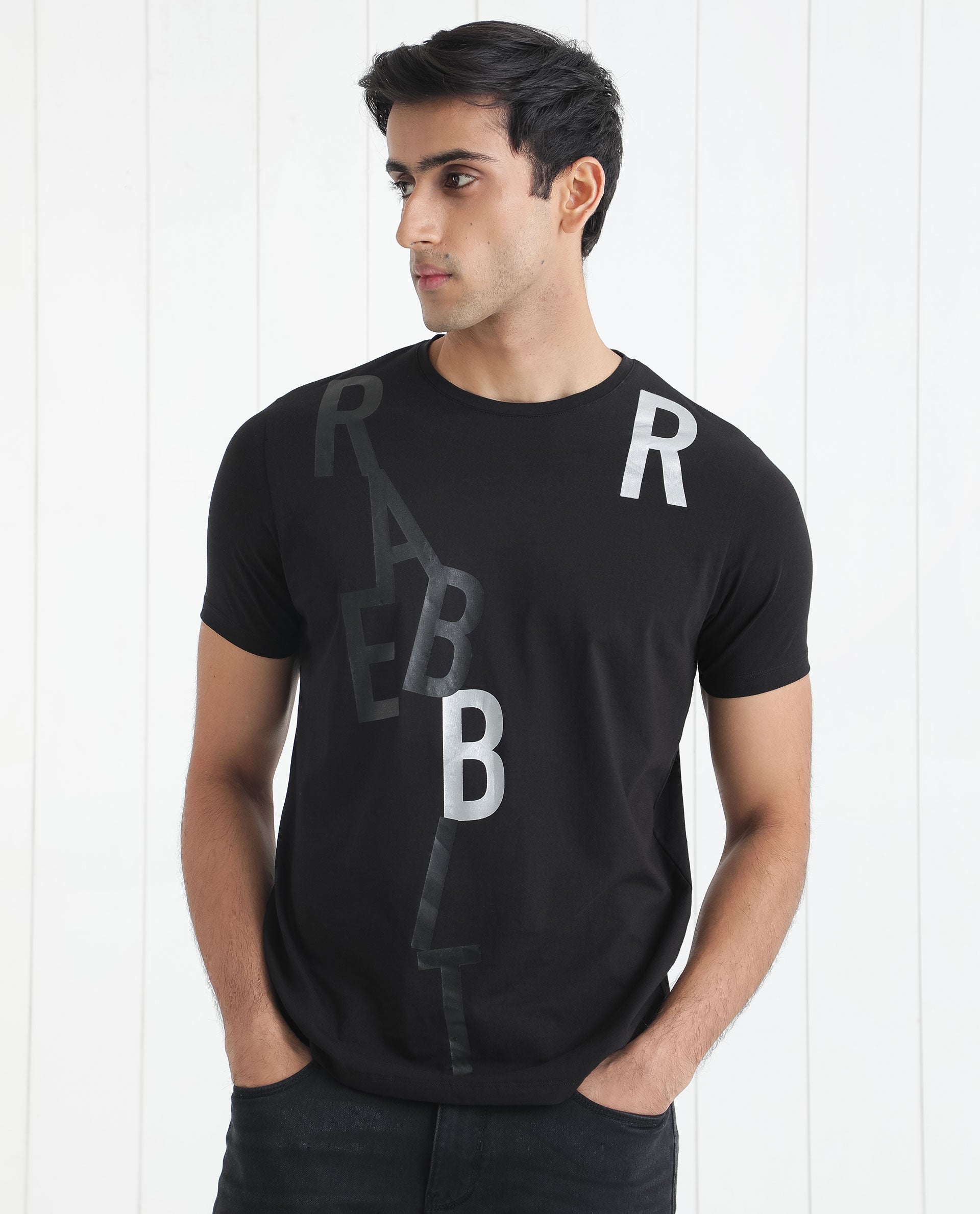 Rare Rabbit Men's Heras Black Crew Neck Foil and Plastisol Overall Branding Half Sleeves Regular Fit T-Shirt