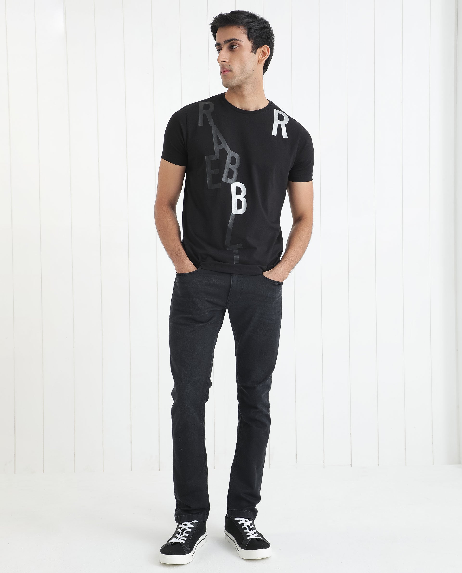 Rare Rabbit Men's Heras Black Crew Neck Foil and Plastisol Overall Branding Half Sleeves Regular Fit T-Shirt