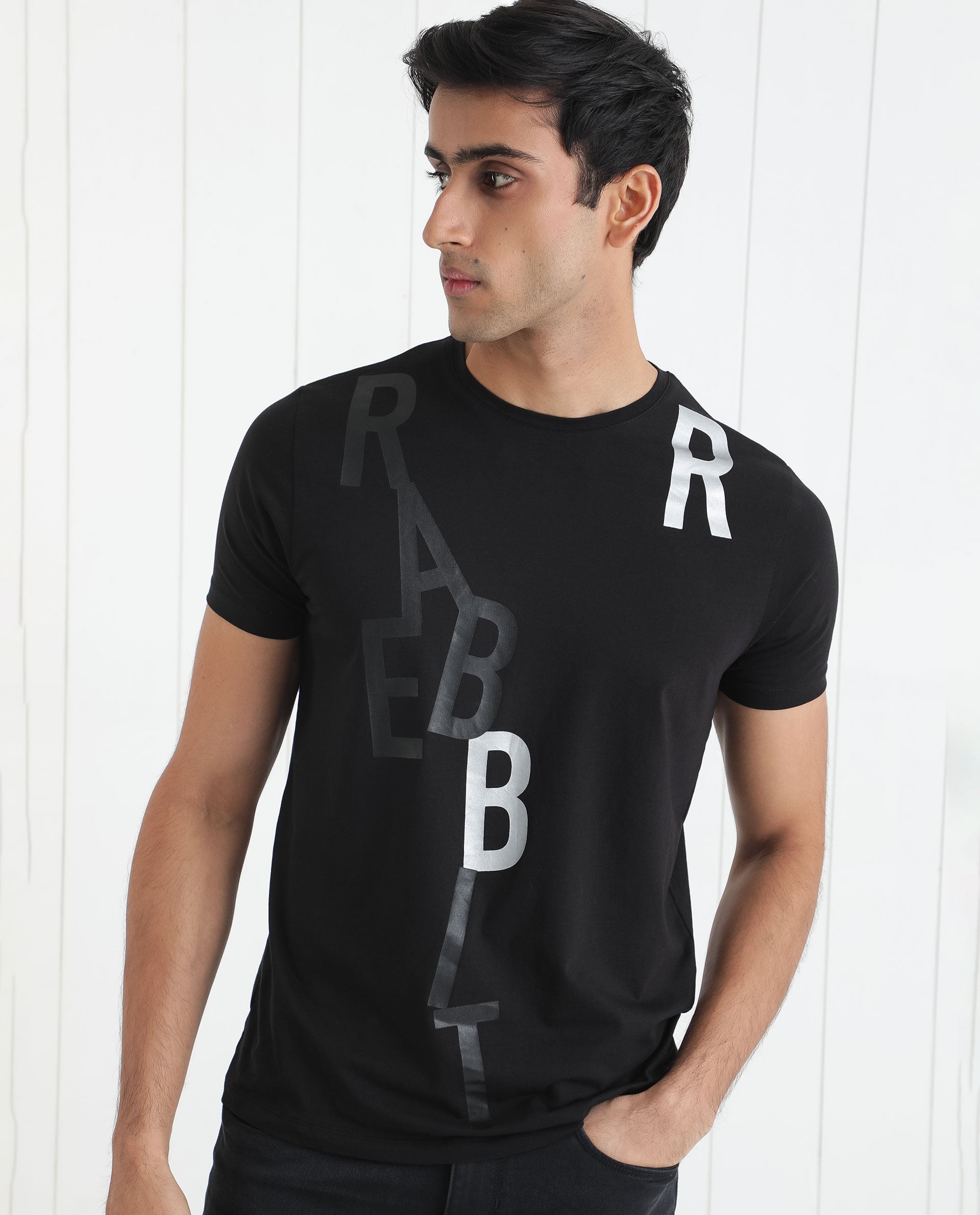 Rare Rabbit Men's Heras Black Crew Neck Foil and Plastisol Overall Branding Half Sleeves Regular Fit T-Shirt