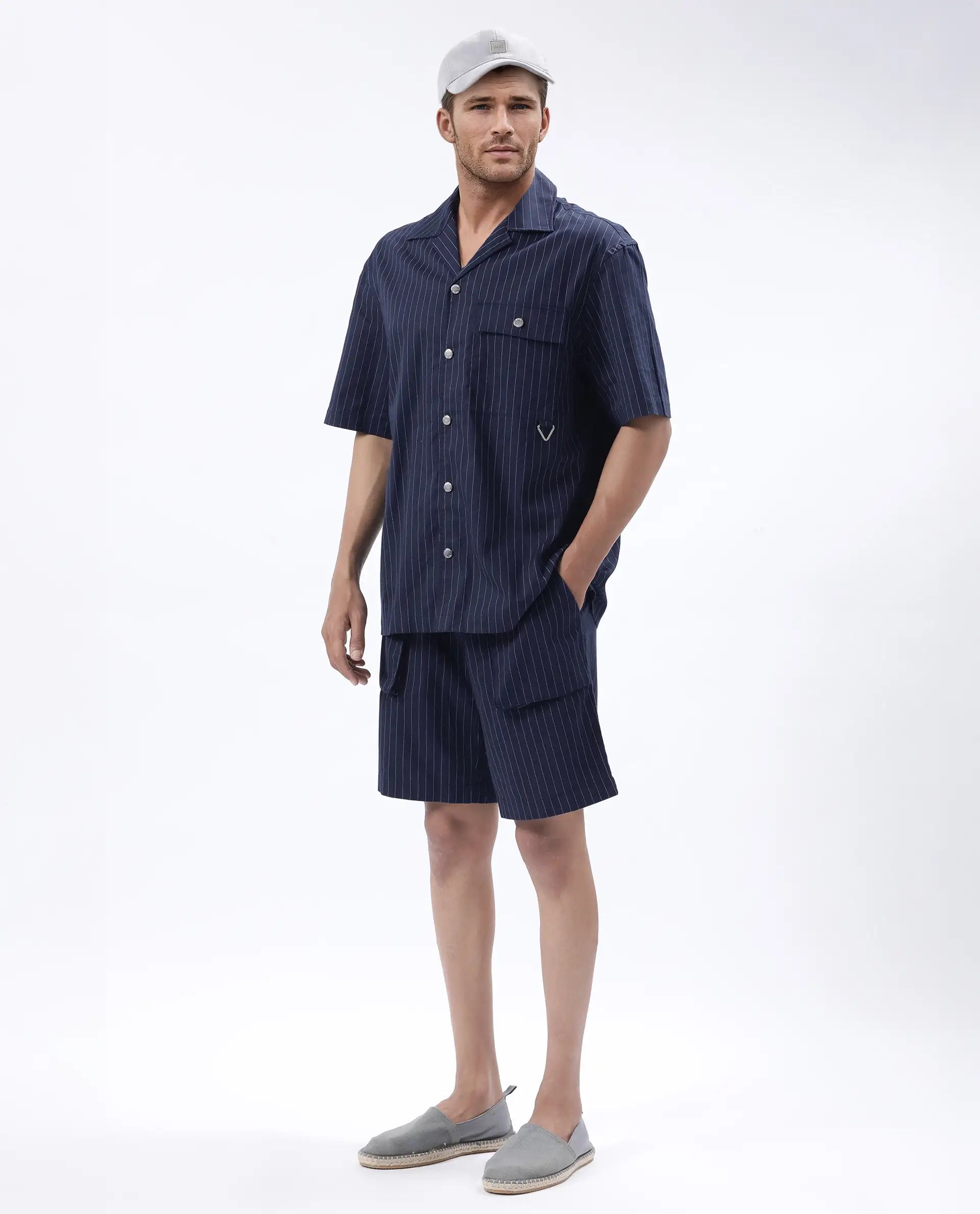 Rare Rabbit Men's Habar Navy Cotton Blend Striped Print Oversized Fit Shorts