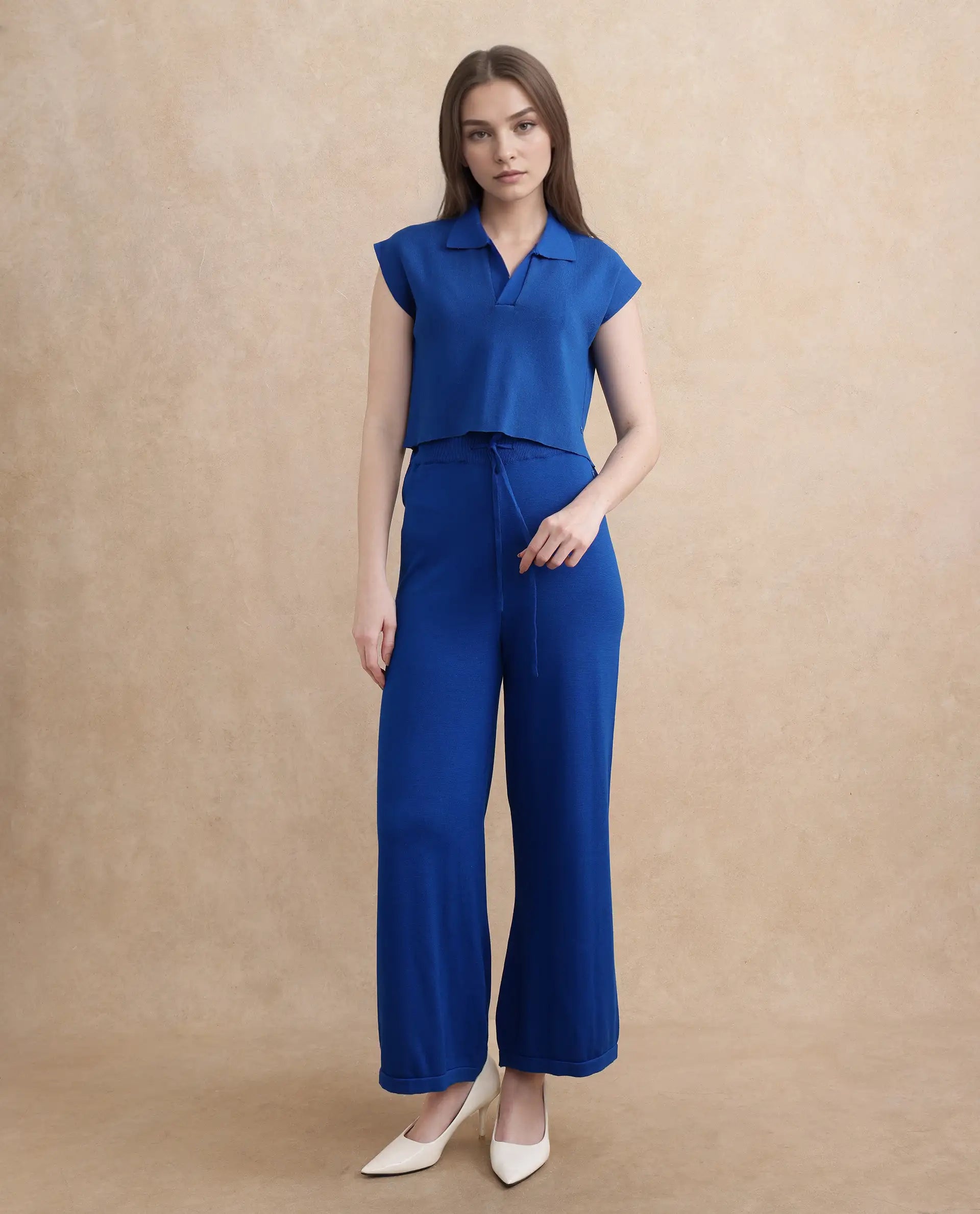 Rareism Women Jankara-B Blue Rayon Nylon Fabric Straight Fit Ankle Length Plain Trouser