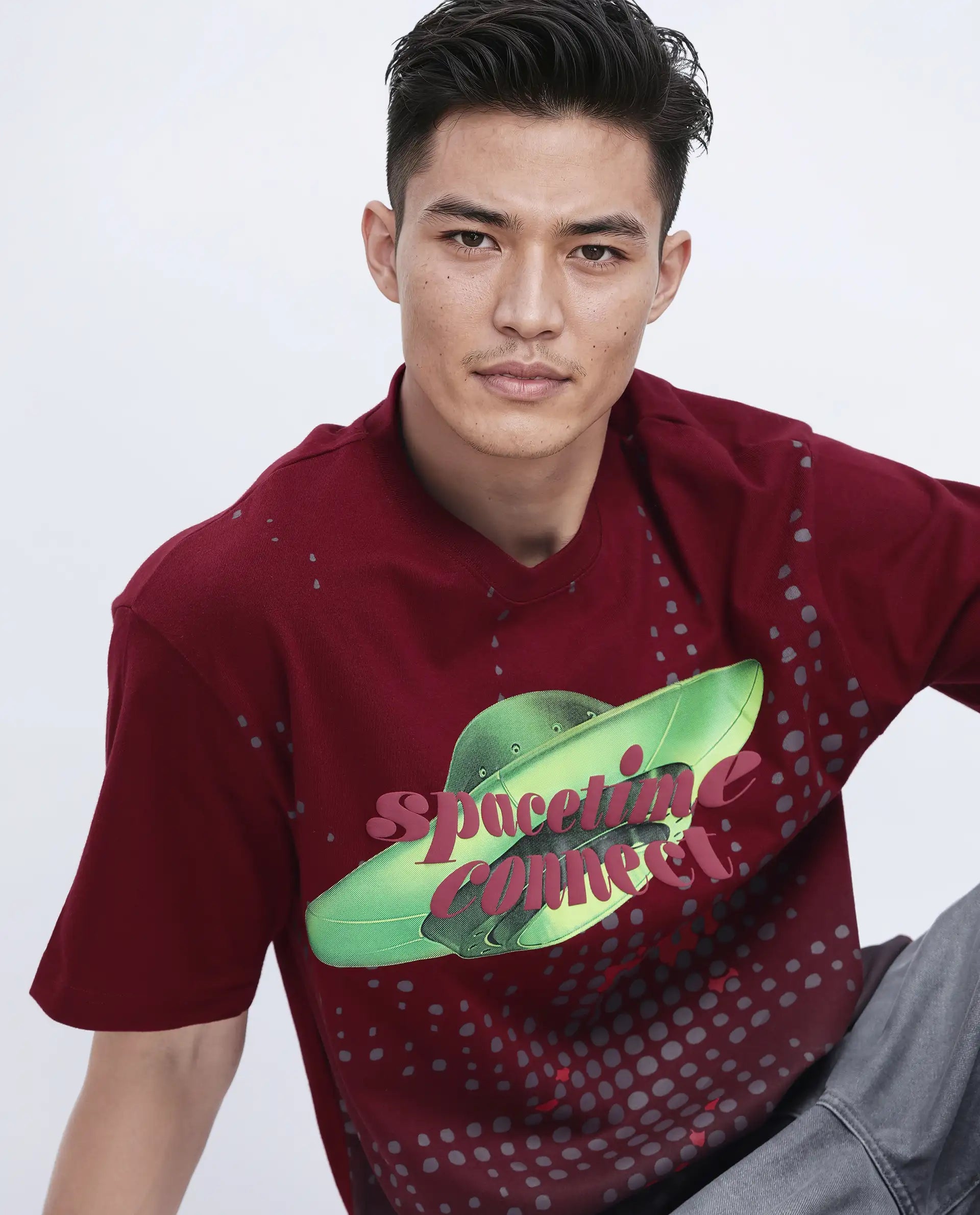 Rare Rabbit Men's Nas Red Cotton Graphic Print Oversized Fit Half Sleeve Crew Neck T-Shirt