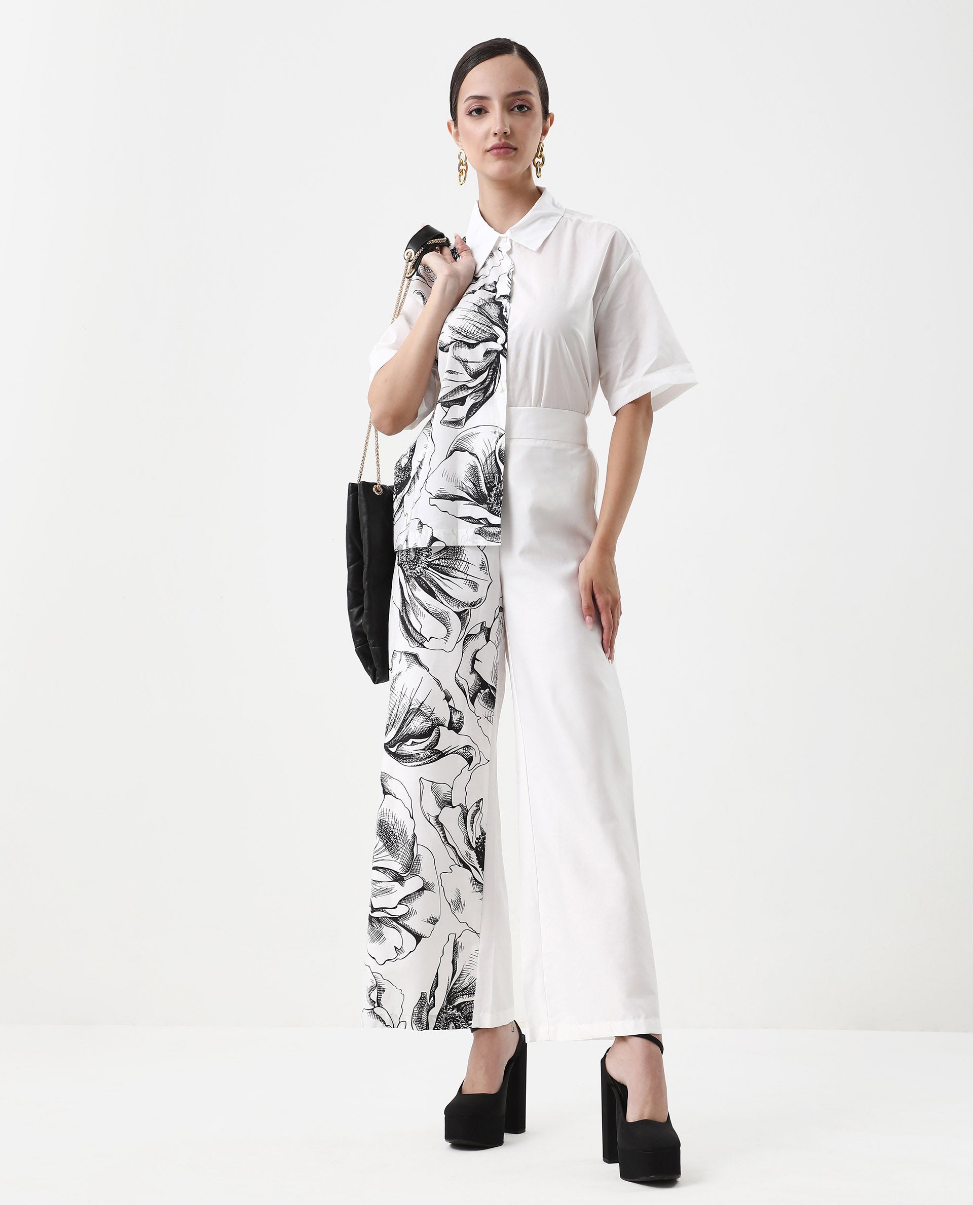 Rareism Women's Neilsono White Cotton Blend Floral Print Ankle Length Flared Trouser