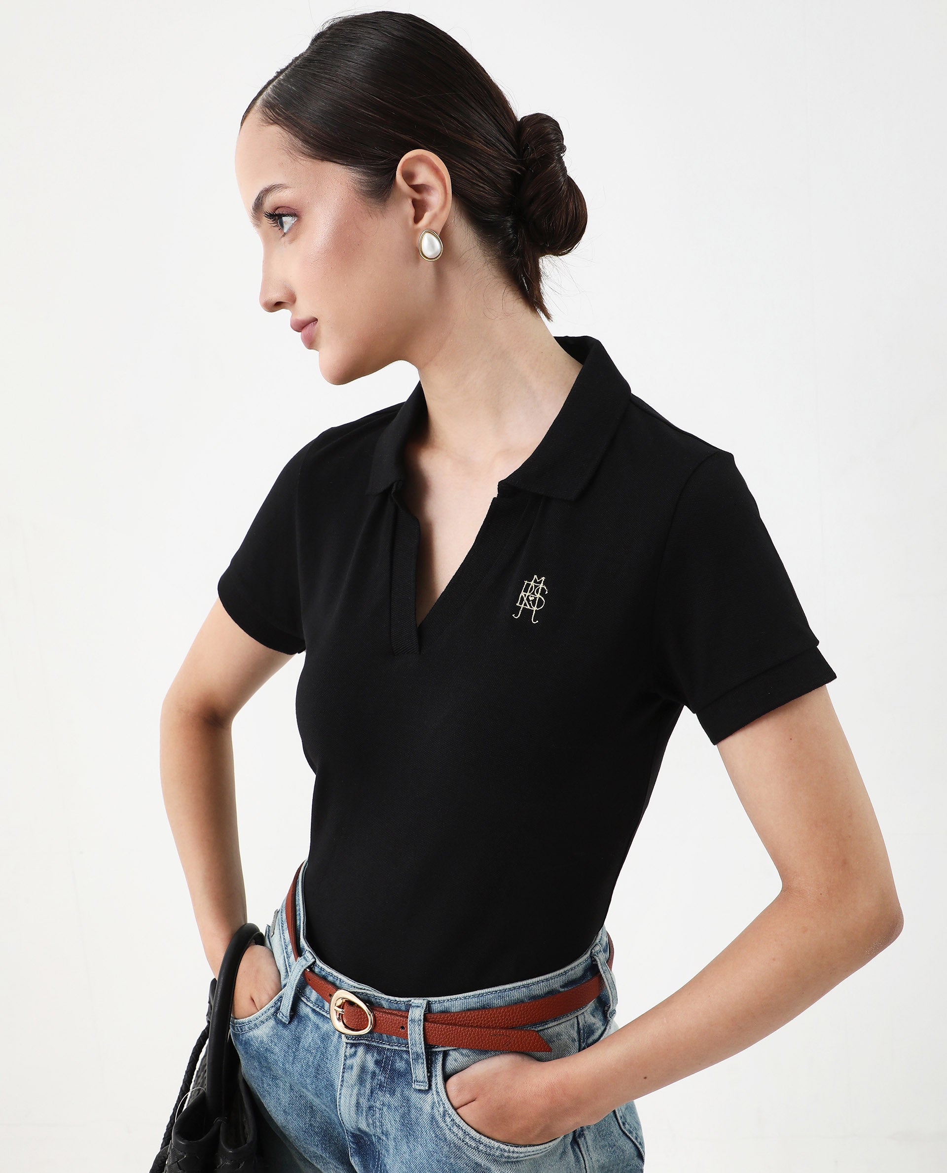 Rareism Women's Van Black Cotton Blend Polo Neck Plain Regular Fit Polo