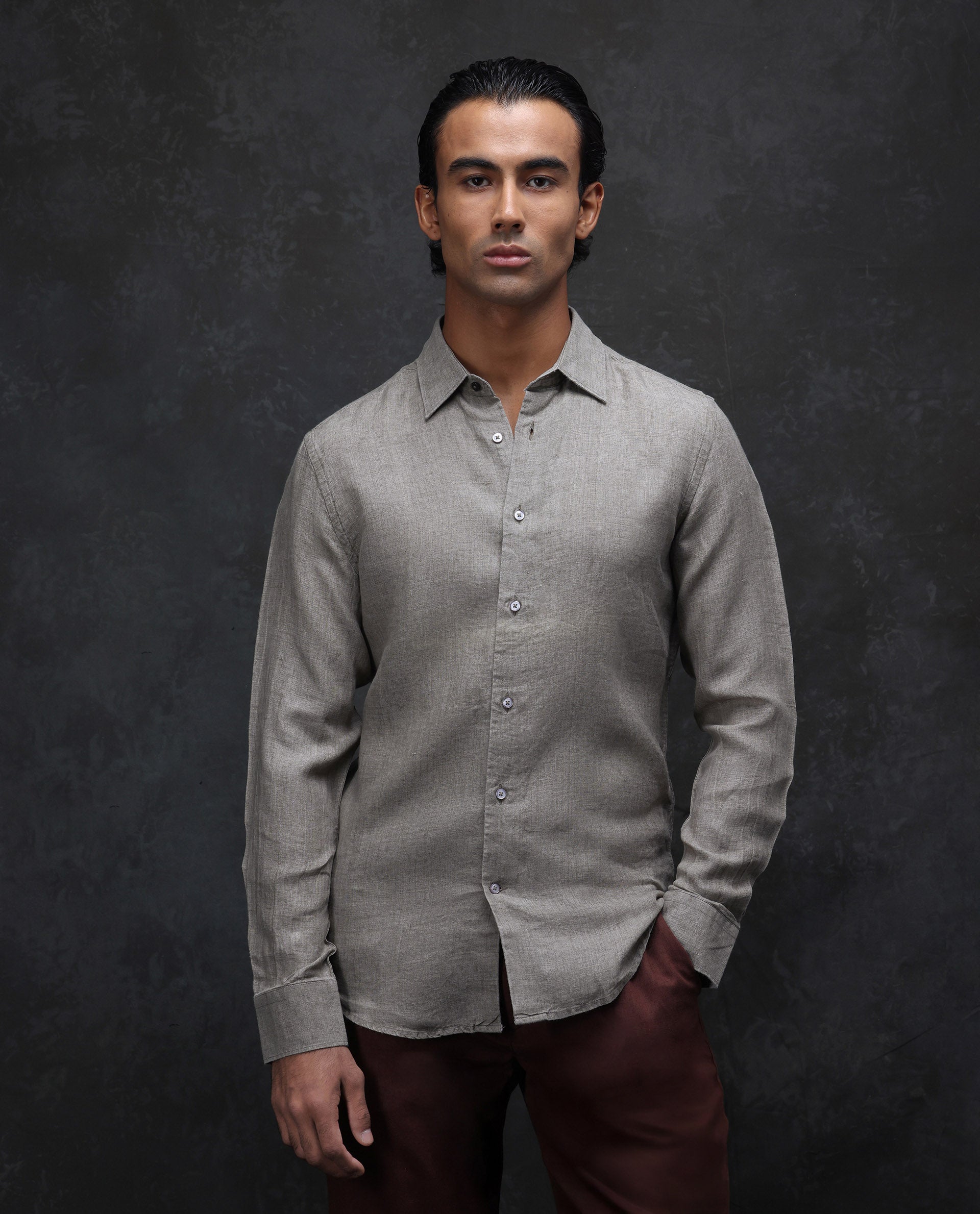 Rare Rabbit Men's Dalin Beige 100% Linen Plain Regular Fit Full Sleeve Collared Shirt