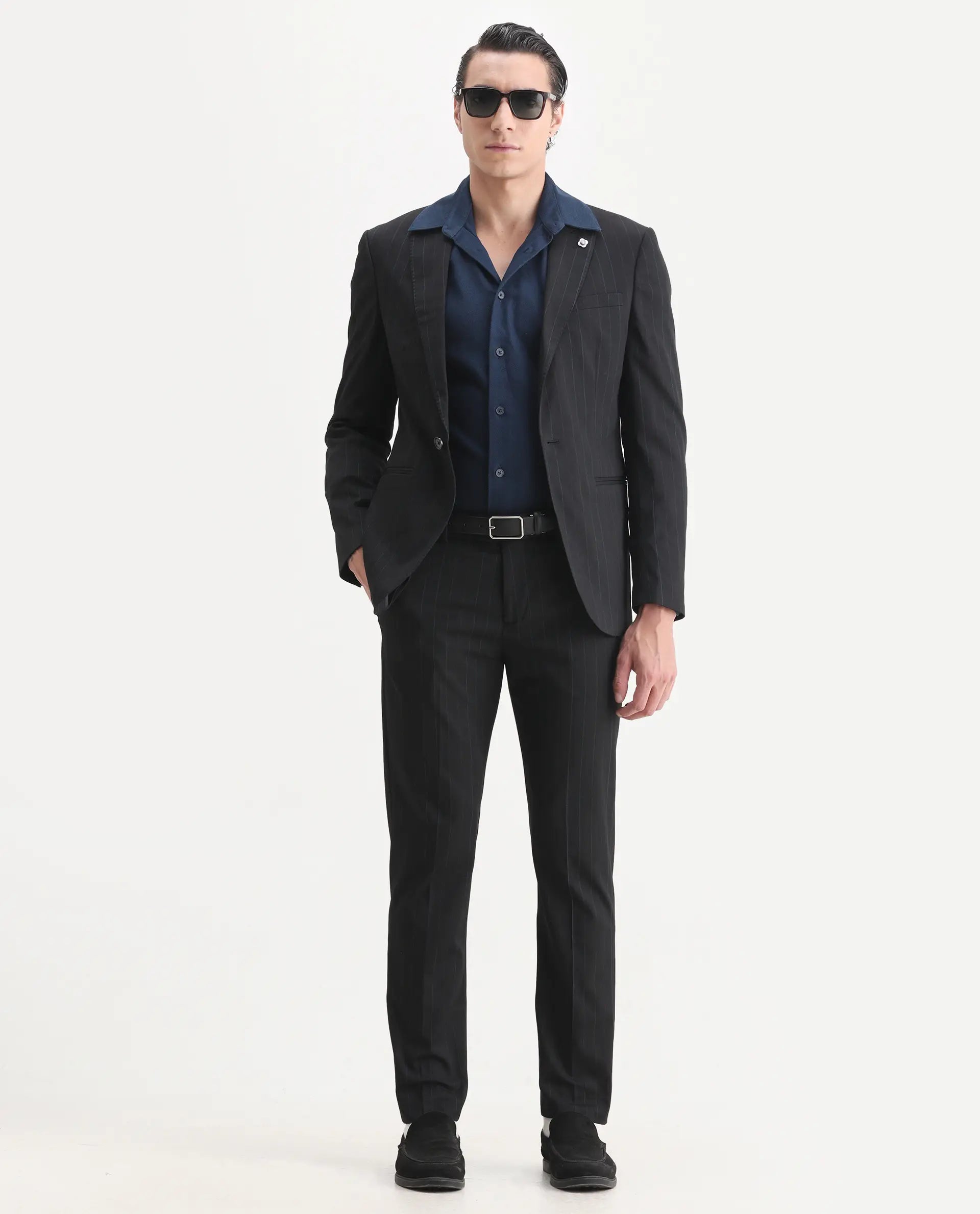 Rare Rabbit Men's Markas Black Polyester Striped Print Tailored Fit Full Sleeve Lapel Neck Suits