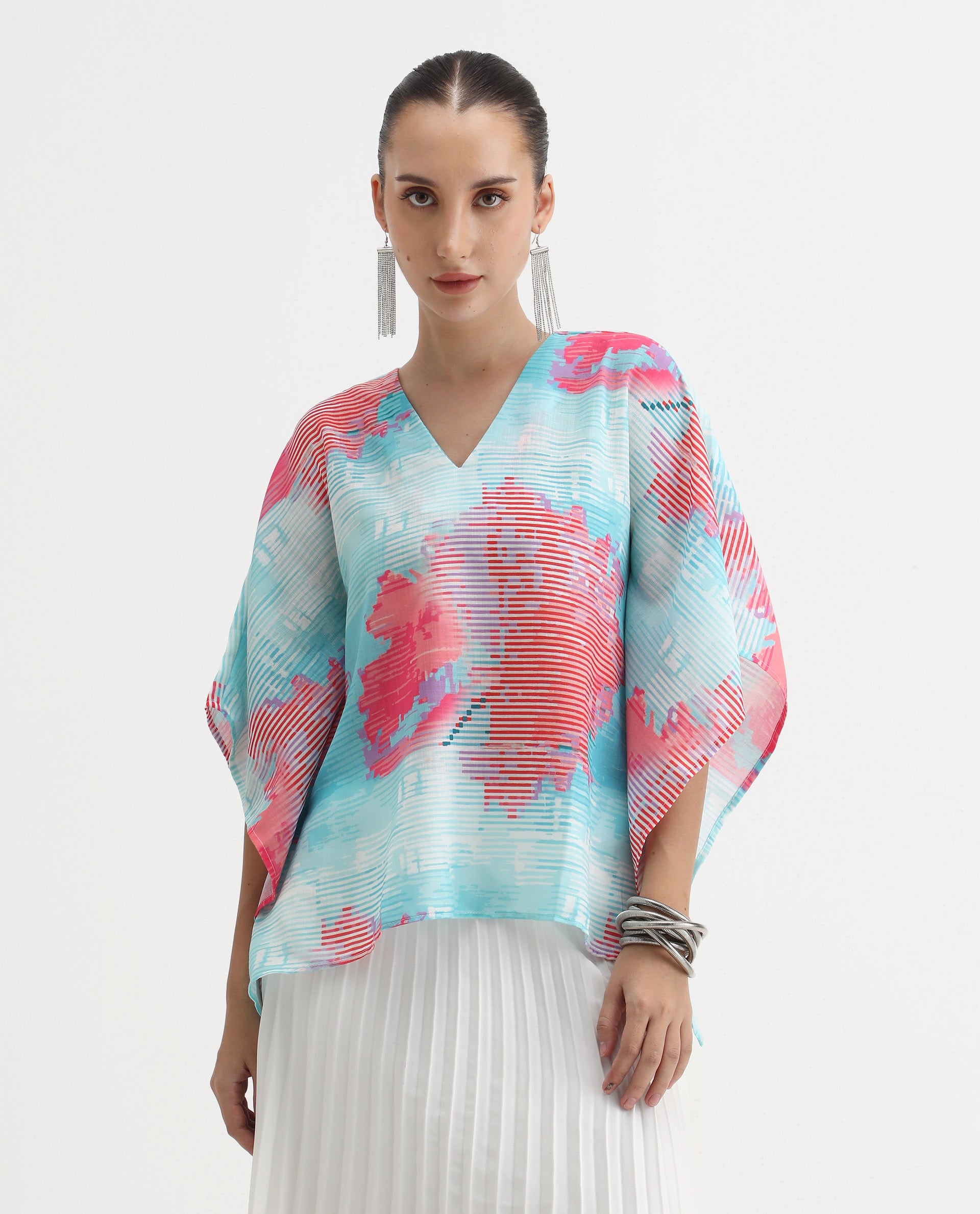 Rareism Women's Arial Light Linen V-Neck Abstract Print Kimono Sleeve Relaxed Fit Top