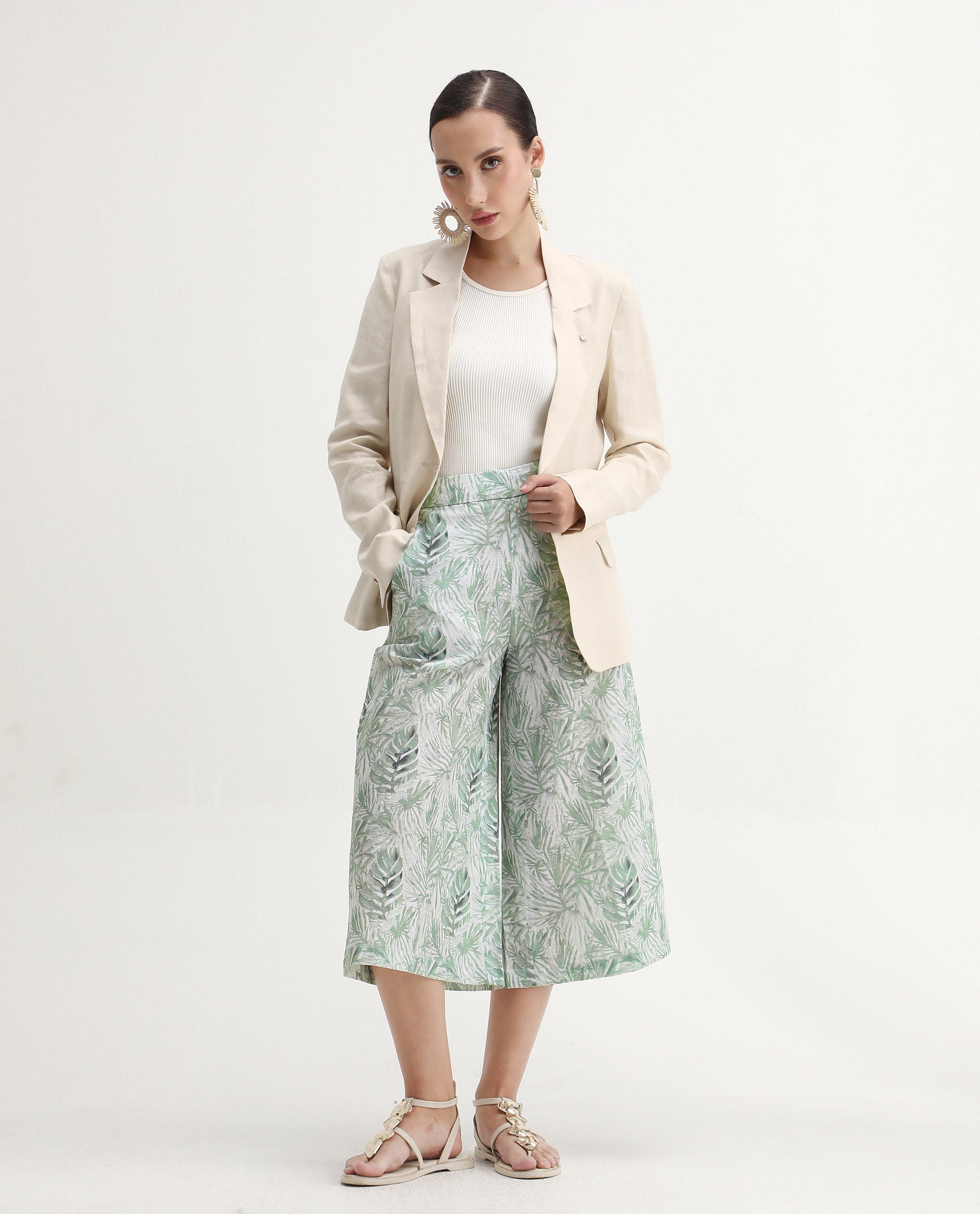 Rareism Women's Lakar Off White Linen Abstract Print Midi Flared Trouser