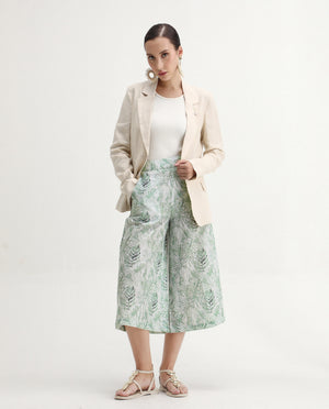 Rareism Women's Lakar Off White Linen Abstract Print Midi Flared Trouser
