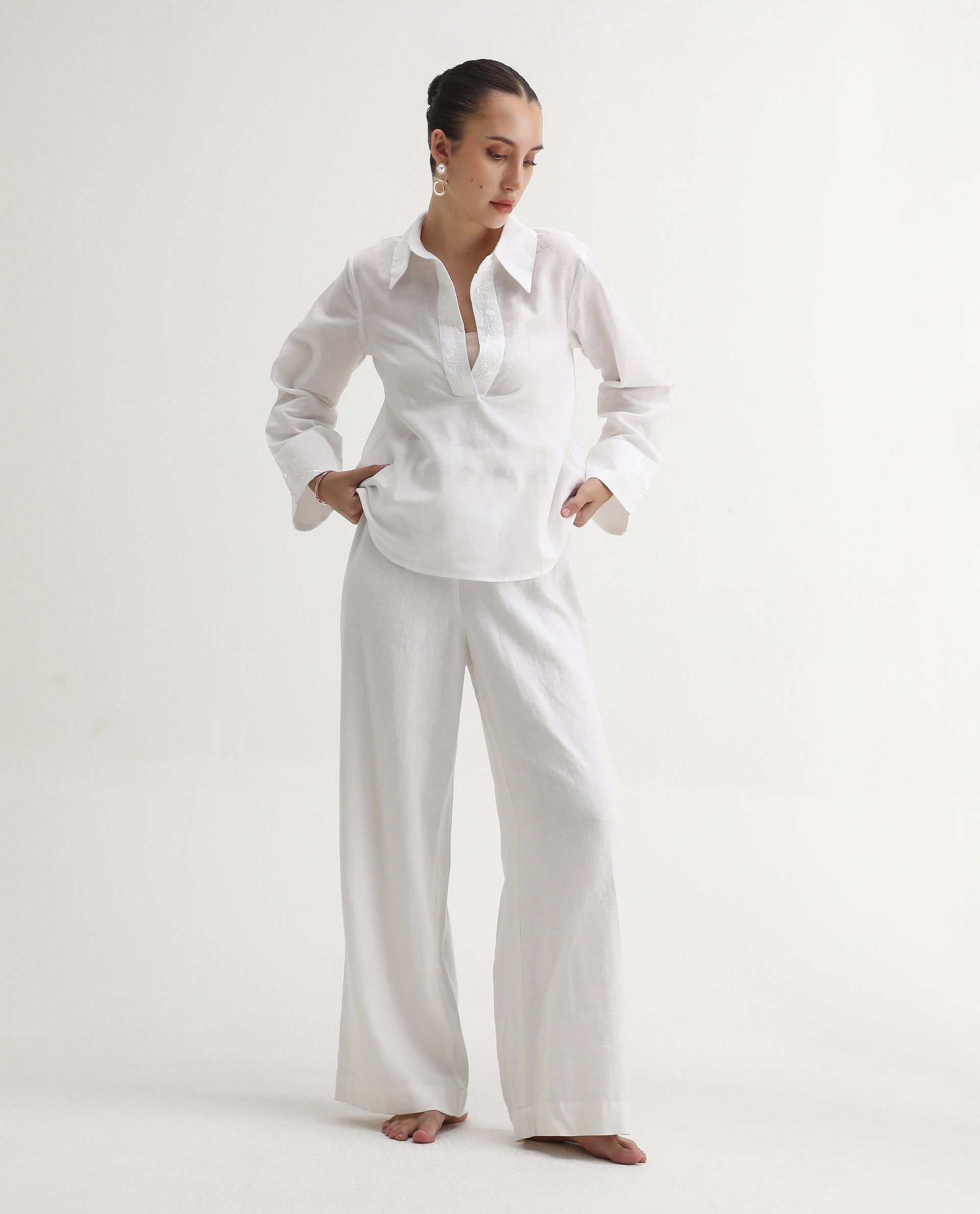 Rareism Women's Sofian White Cotton Blend Spread Collar Plain Bell Sleeve Relaxed Fit Top