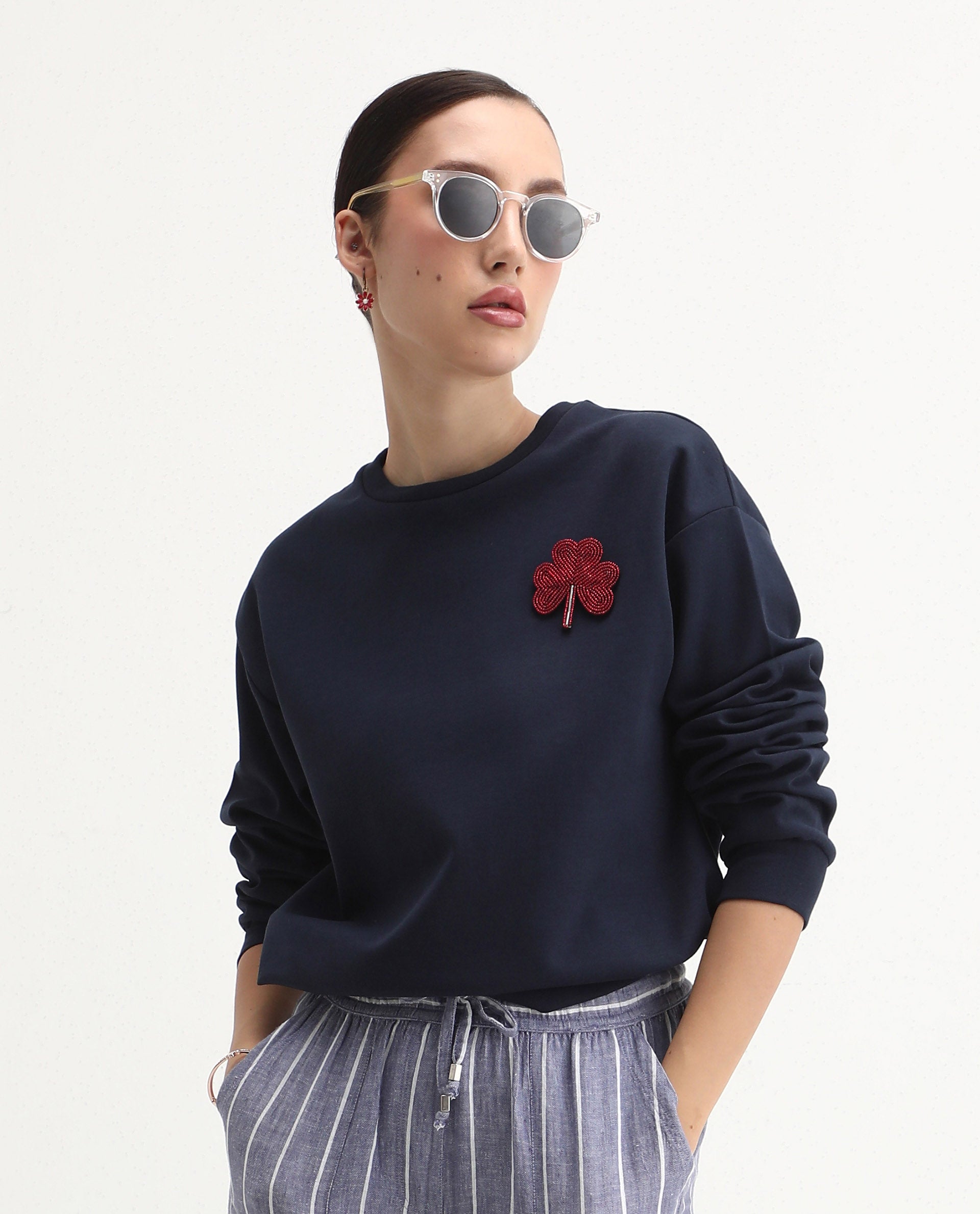 Rareism Women's Greta Navy Cotton Blend Crew Neck Regular Fit Printed Sweatshirt