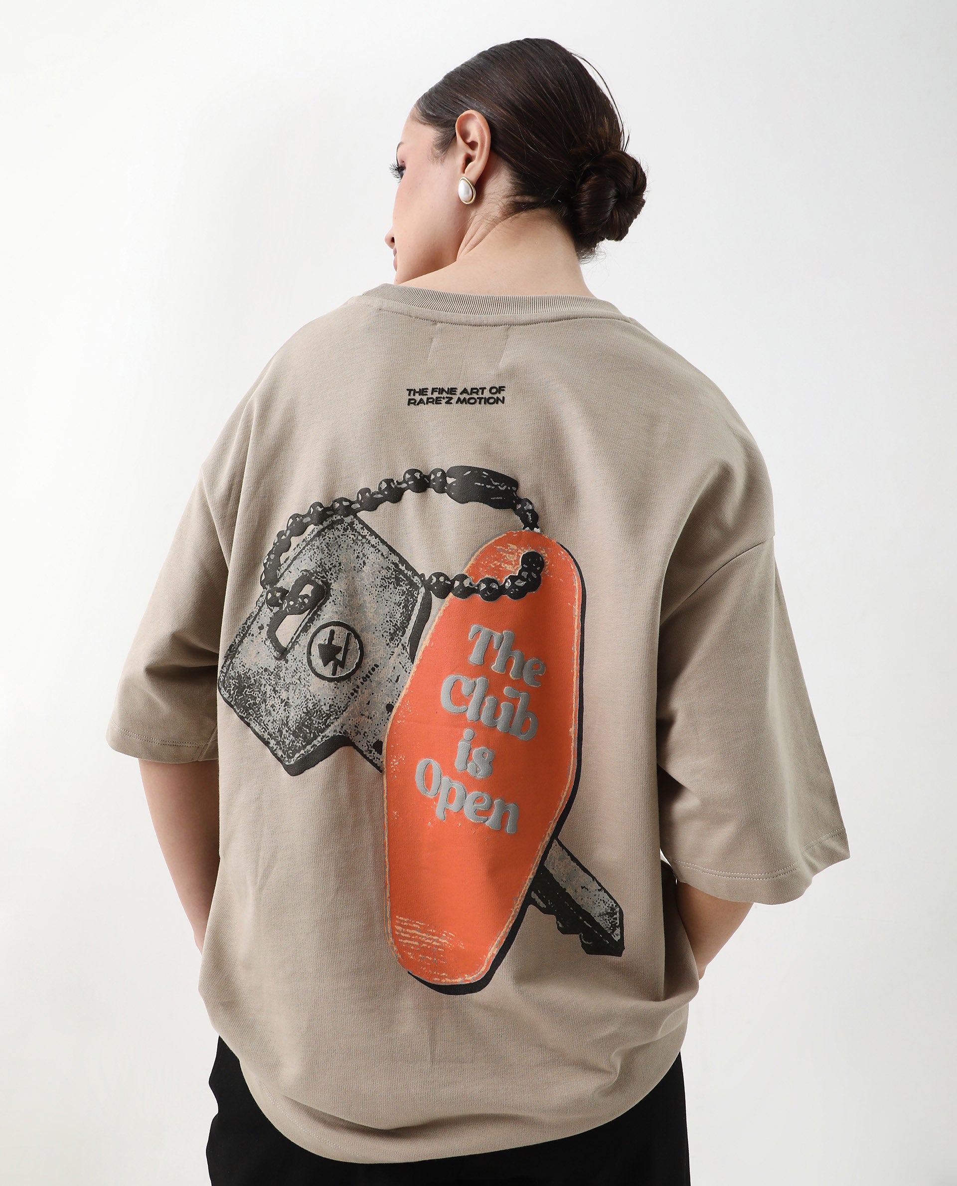 Rareism Women's Qlax Beige Cotton Graphic Print Oversized T-Shirt