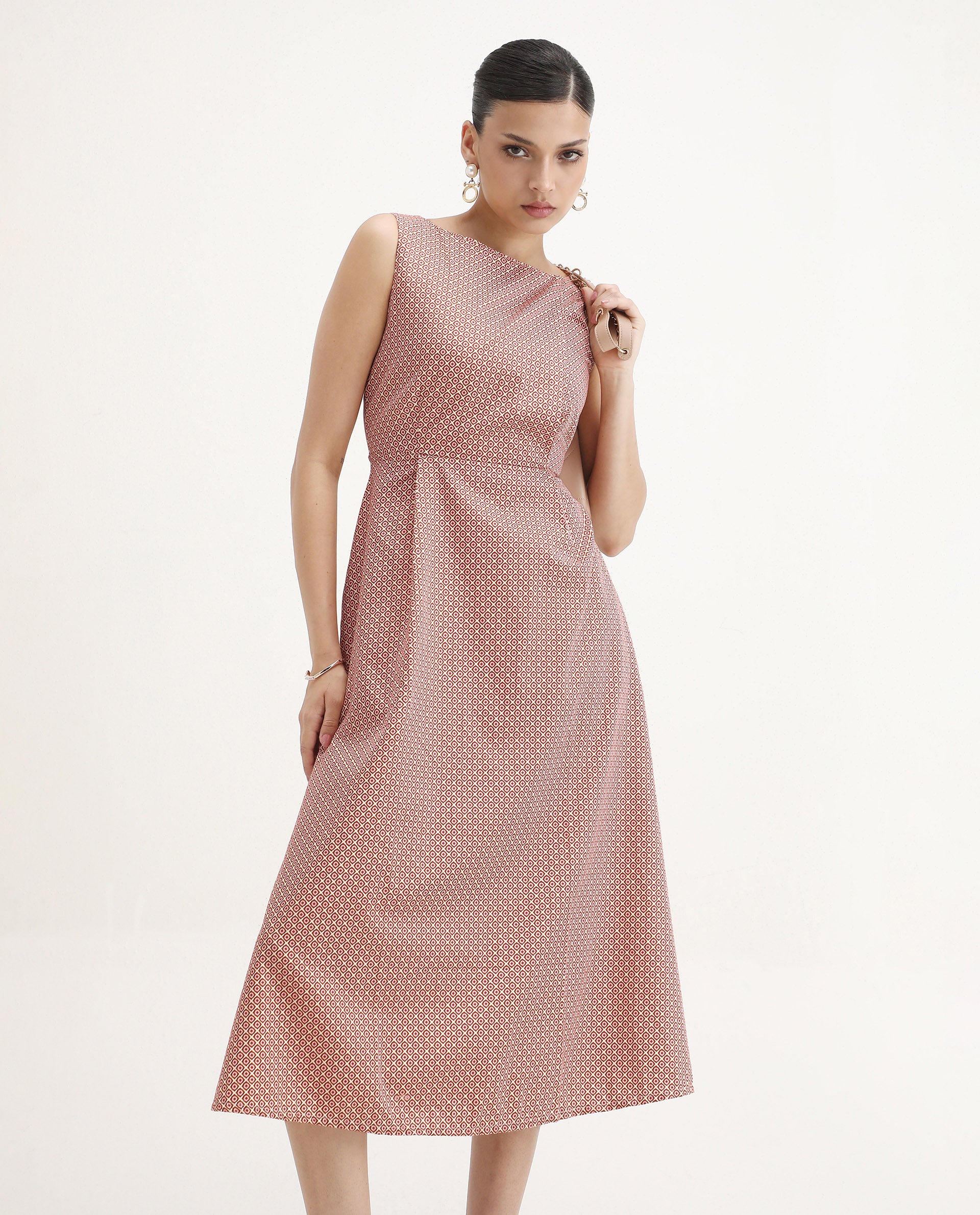 Rareism Women's Jexor Pink Cotton Boat Neck A-Line Printed Midi Dress