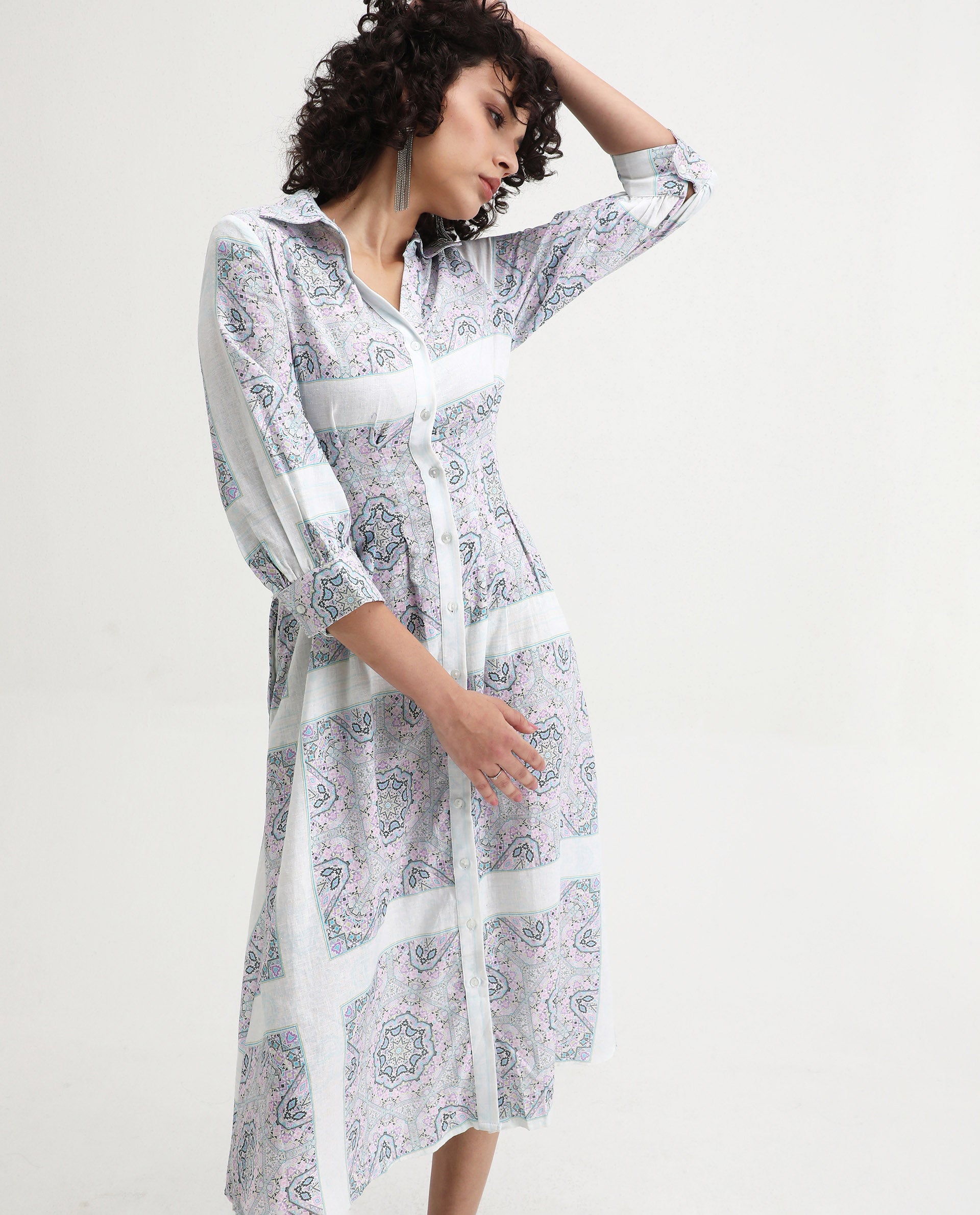 Rareism Women's Dusturn Multi Cotton Blend Drop Collar Bandana Print Cuffed Sleeve Maxi Fit And Flare Dress