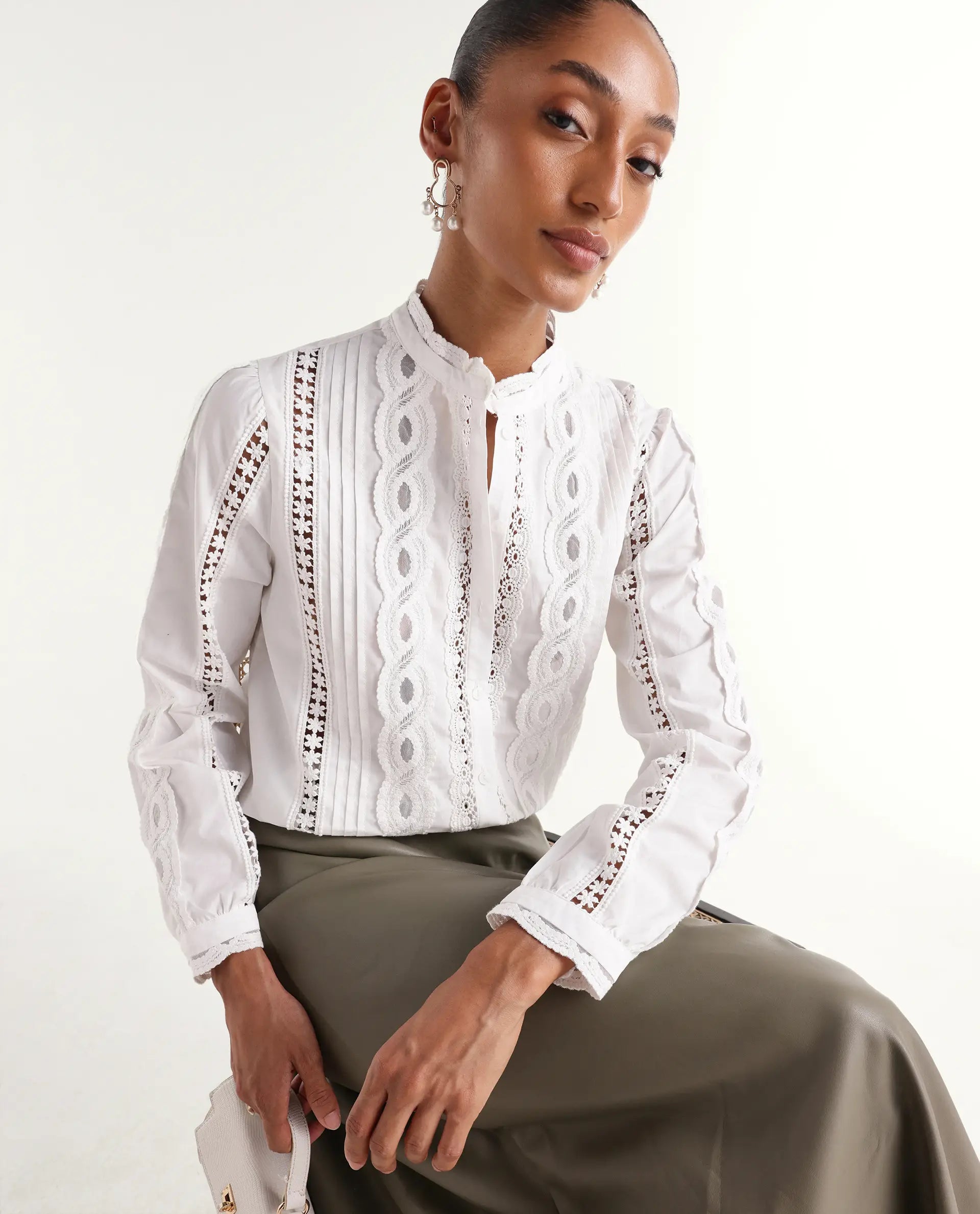 Rareism Women's Cila White Cotton Full Sleeve Relaxed Fit Plain Top