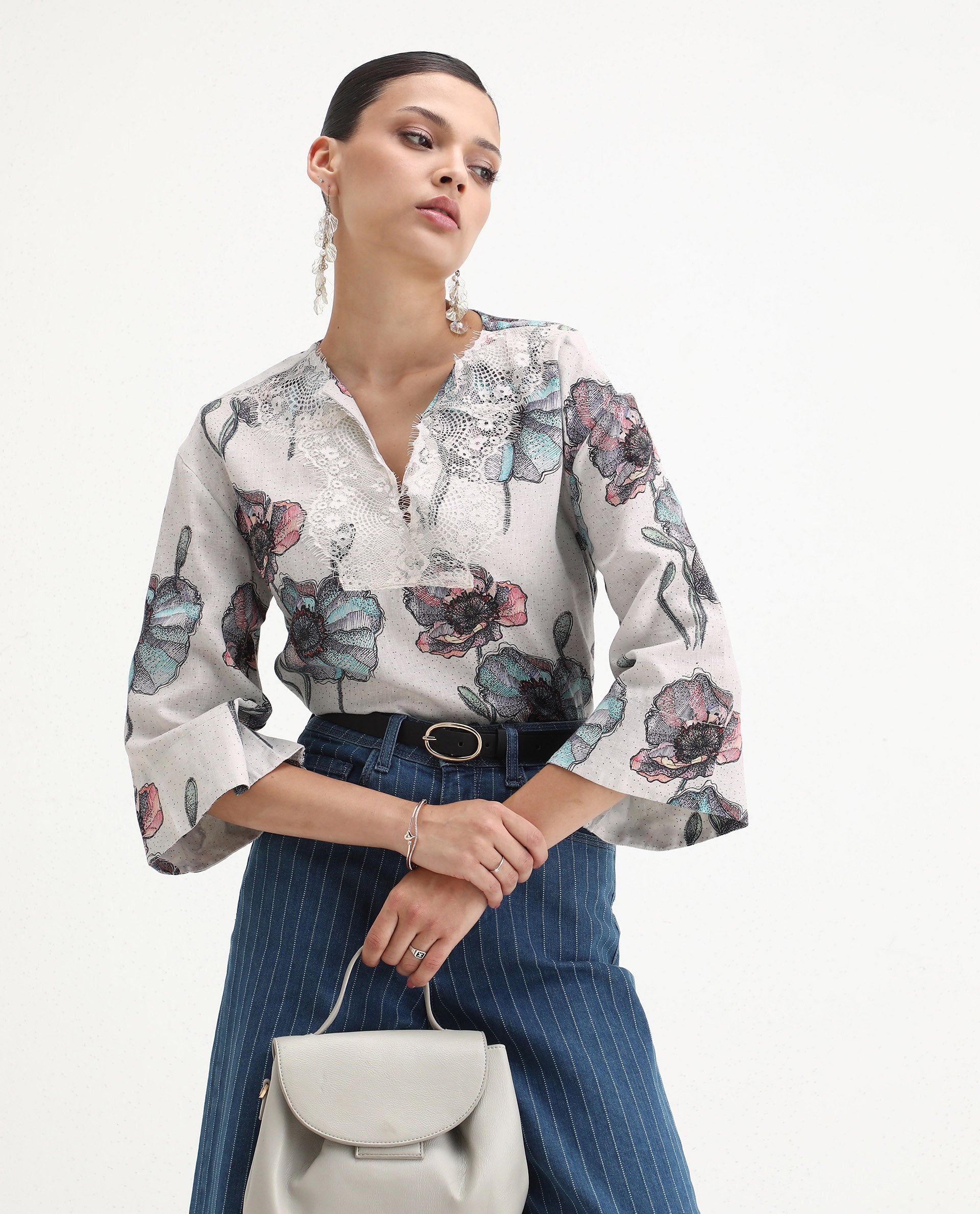 Rareism Women's Baizen Multi Cotton Linen Tie-Up Neck Floral Print Bell Sleeve Regular Fit Top