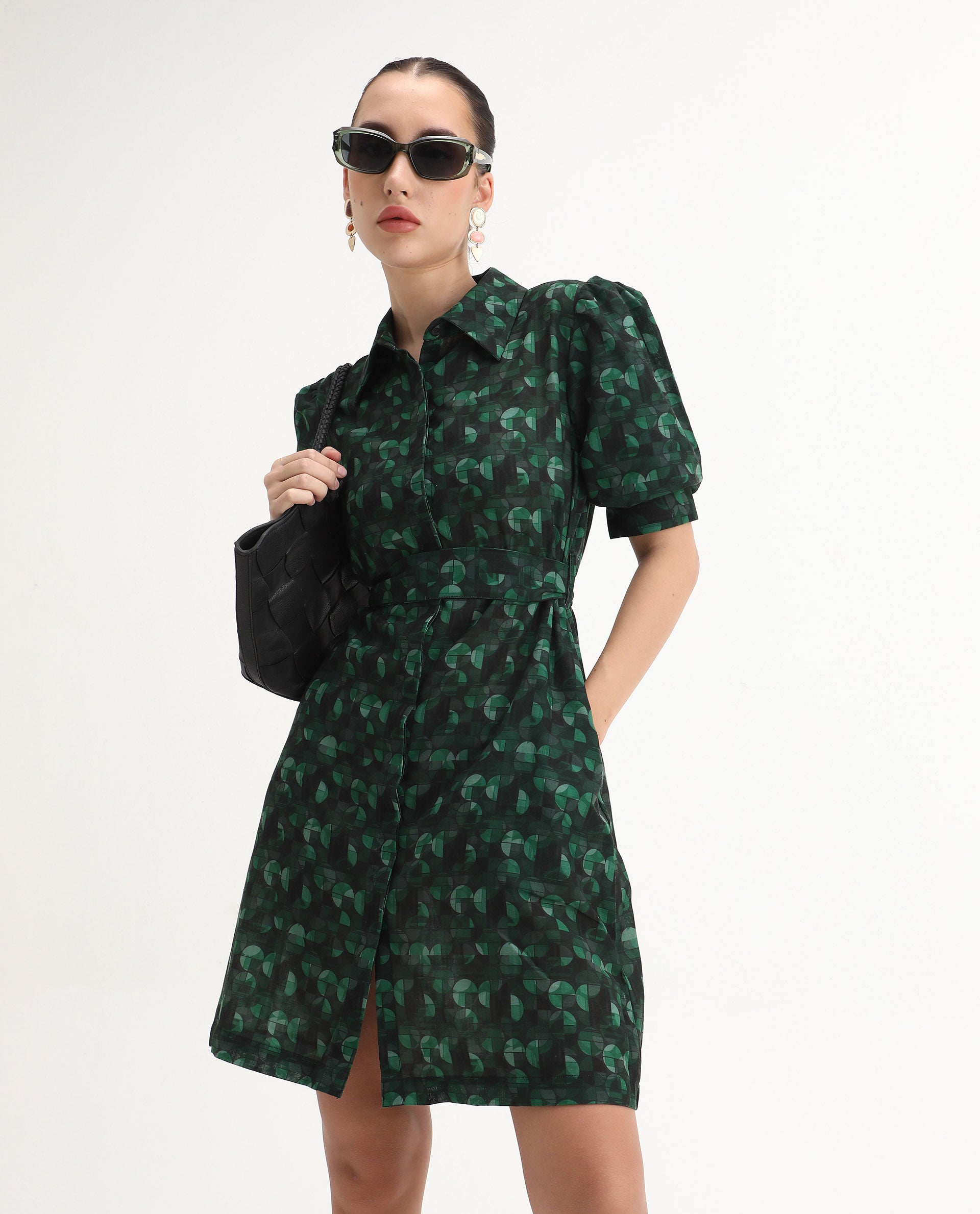 Rareism Women's Cynthia Dark Green Linen Drop Collar Abstract Print Puff Sleeves Mini Straight Fit Dress