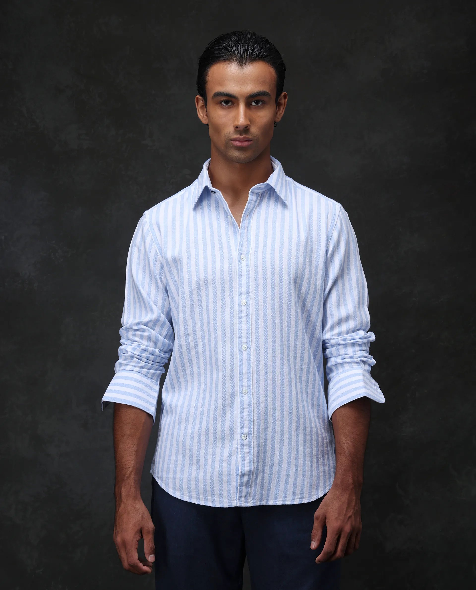 Rare Rabbit Men's Dopple Light Blue Linen Blend Striped Print Regular Fit Full Sleeve Collared Shirt