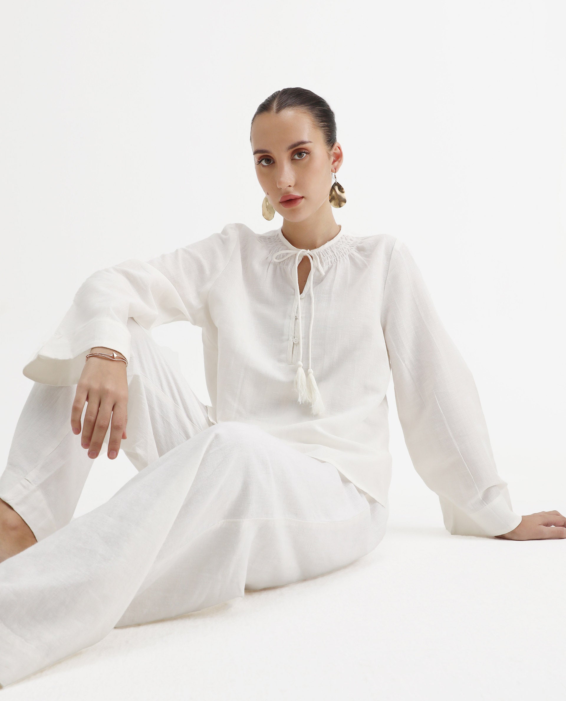 Rareism Women's Joan Light White Tie-Up Neck Plain Relaxed Fit Top