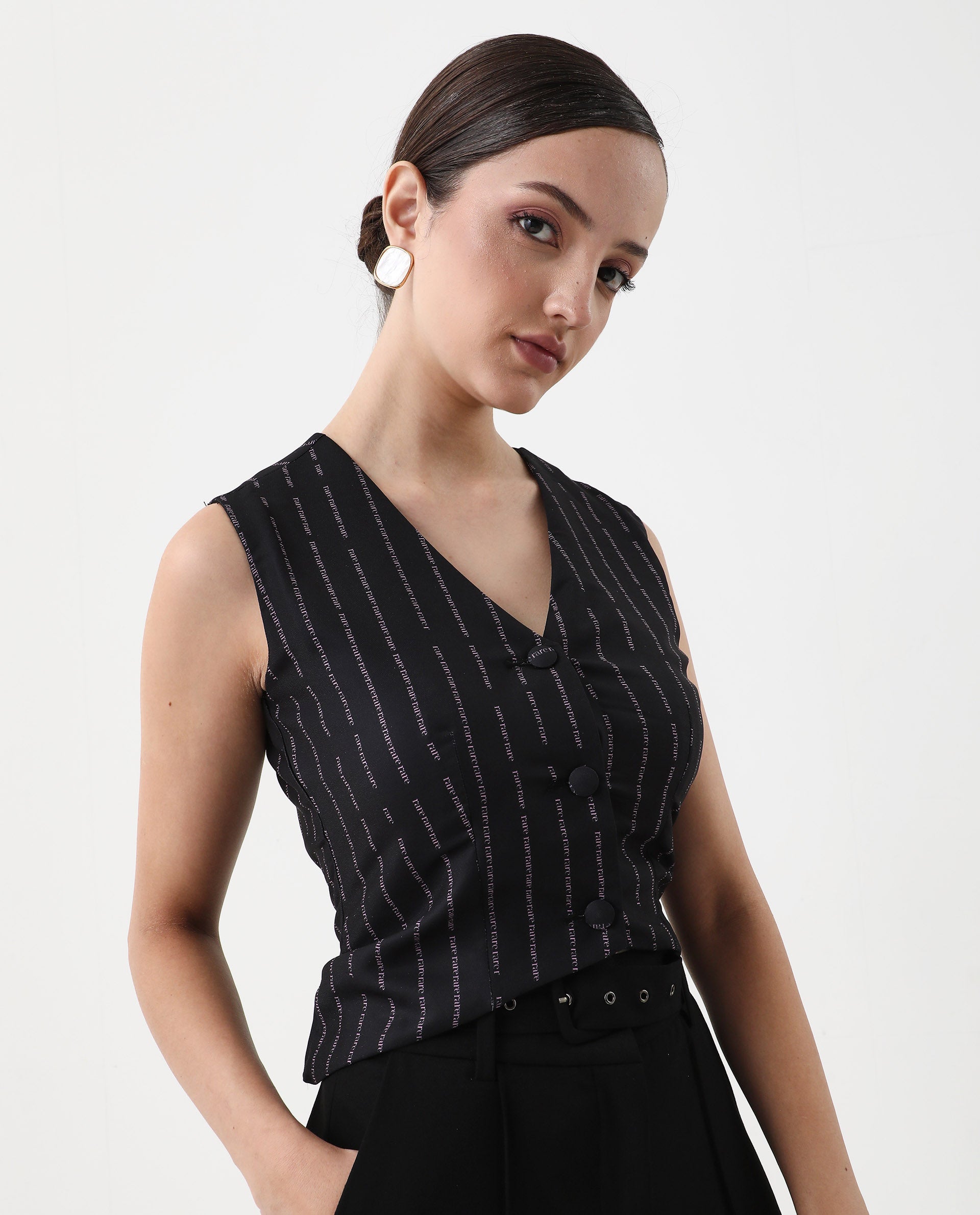 Rareism Women's Hicker Black Polyester V-Neck Striped Sleeveless Regular Fitted Top