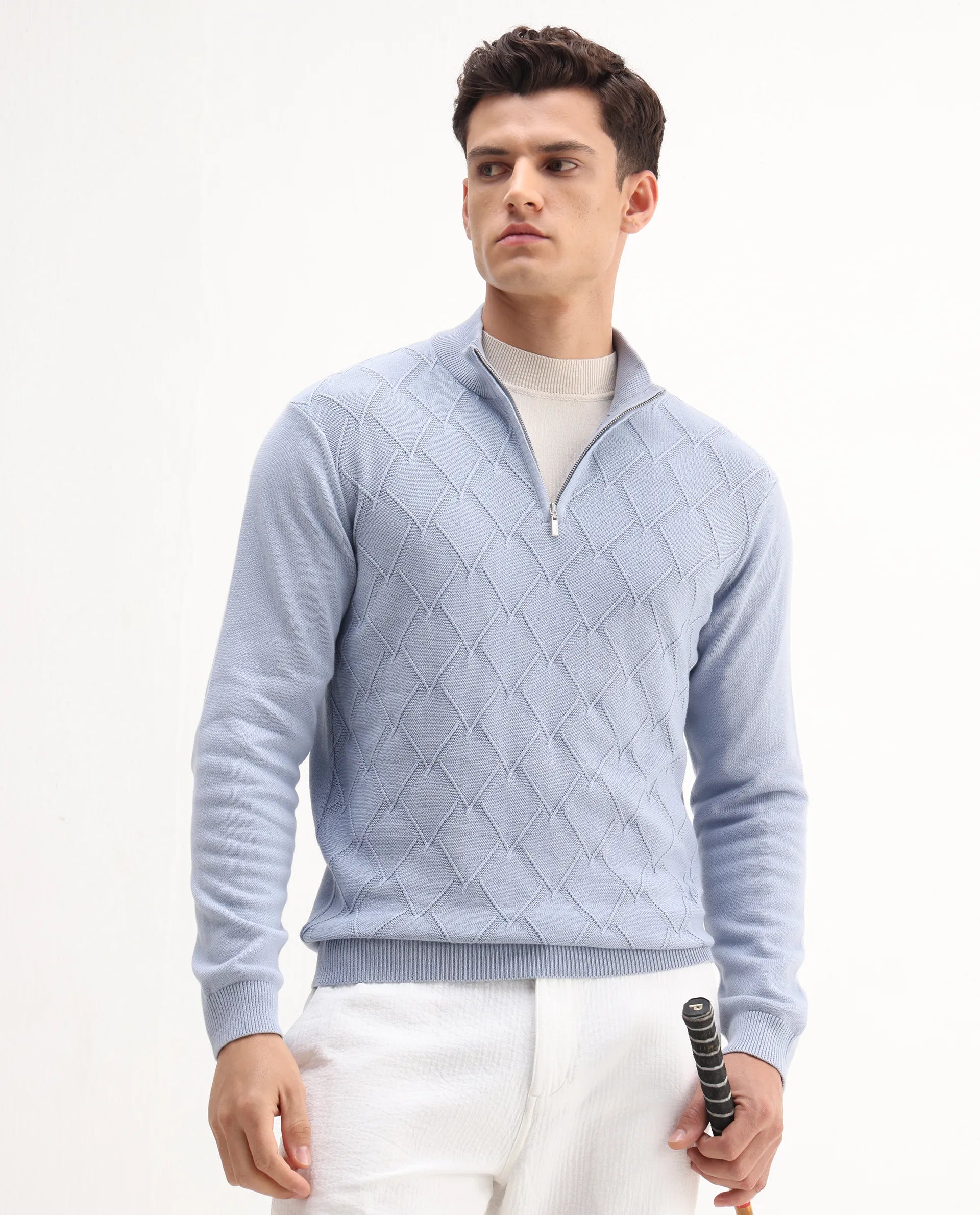 Rare Rabbit Men's Toyder Blue Cotton Textured Regular Fit Full Sleeve High Neck Sweater