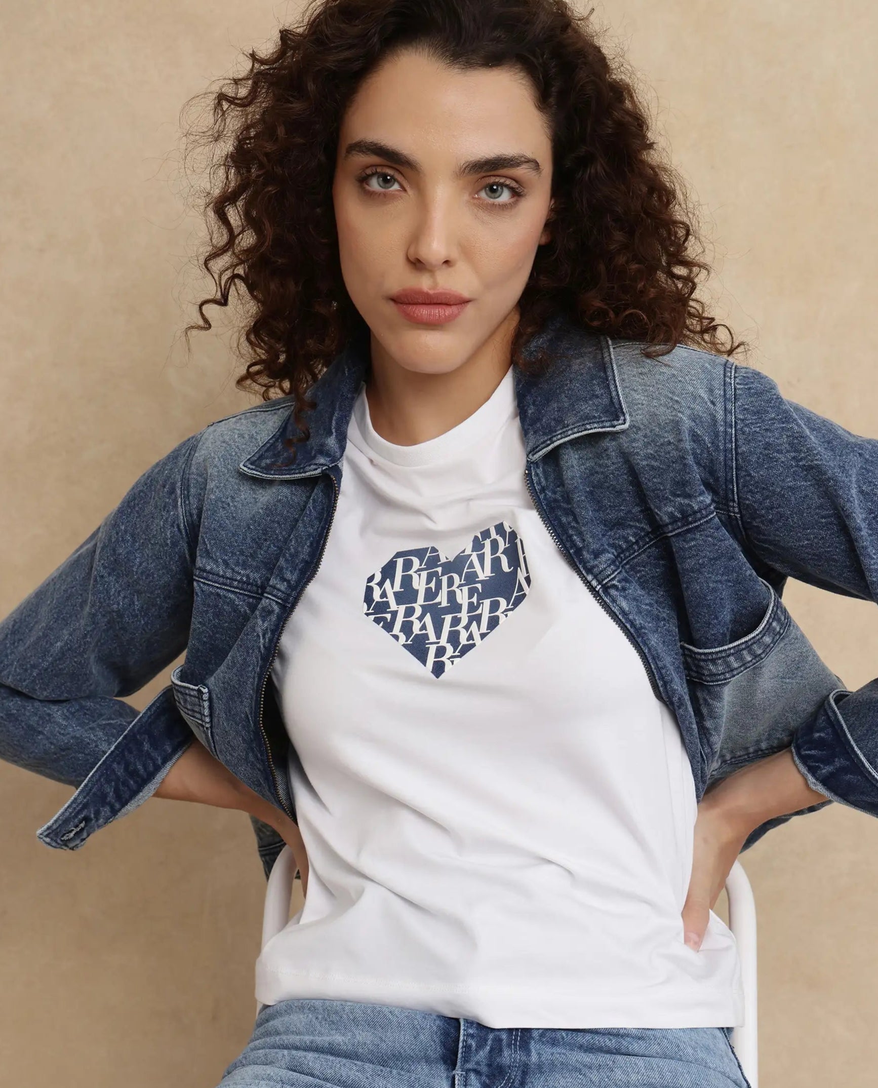 Rareism Women Bhager Off White Cotton Lycra Fabric Short Sleeve Crew Neck Graphic Print T-Shirt