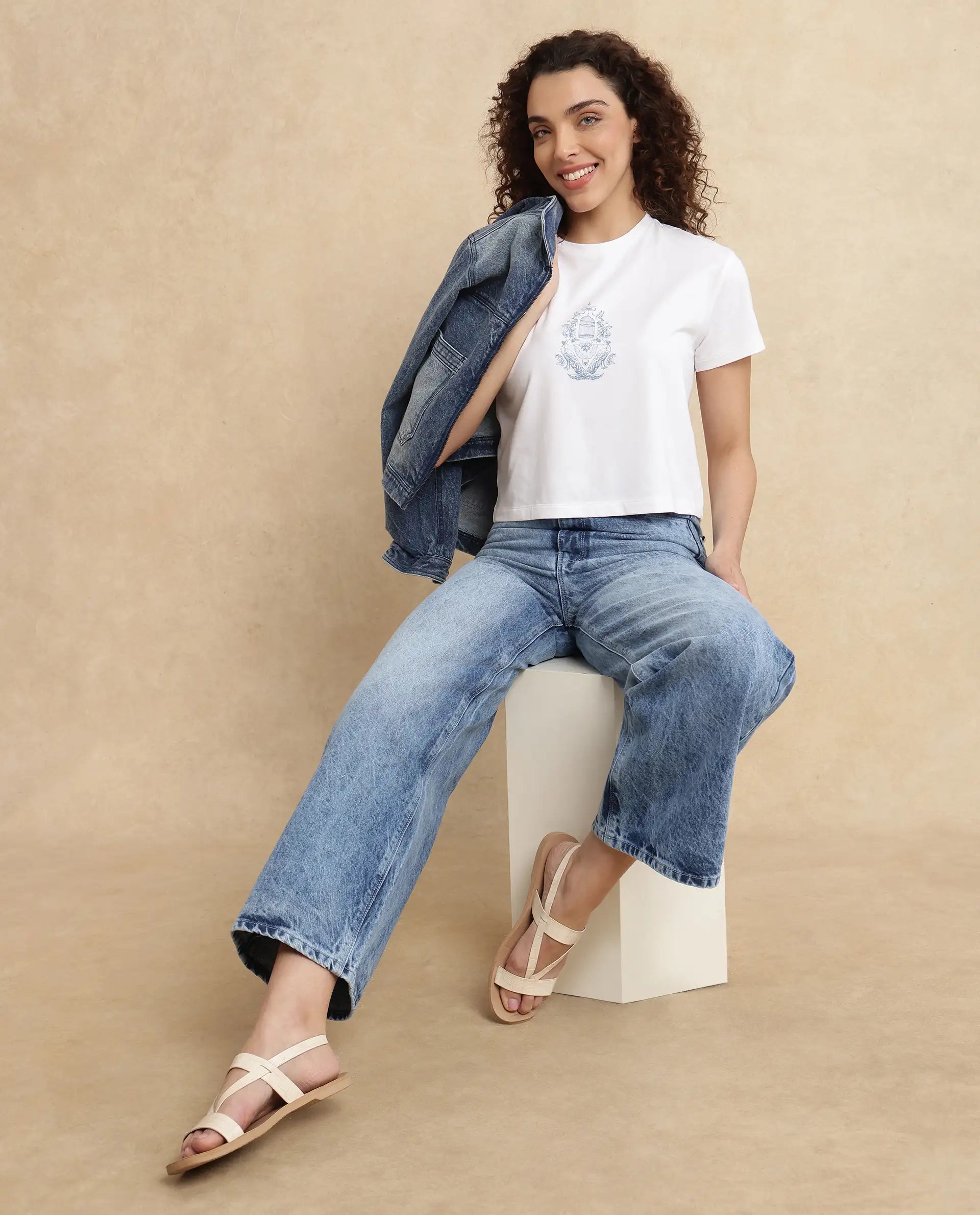 Rareism Women Pref Blue Cotton Fabric Relaxed Fit Plain Jeans