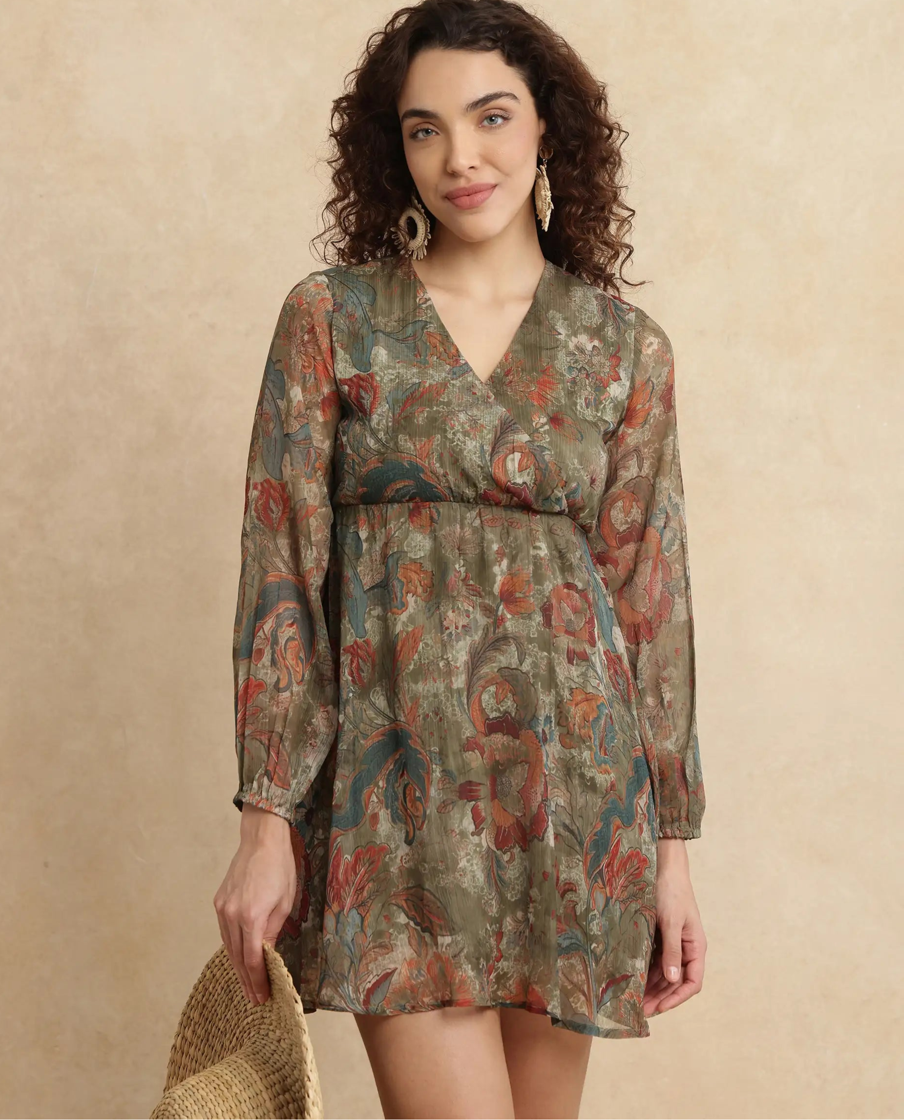 Rareism Women's Ronax Green Polyester Fabric V-Neck Slip-On Closure Bishop Sleeve Floral Print Fit And Flare Mini Dress