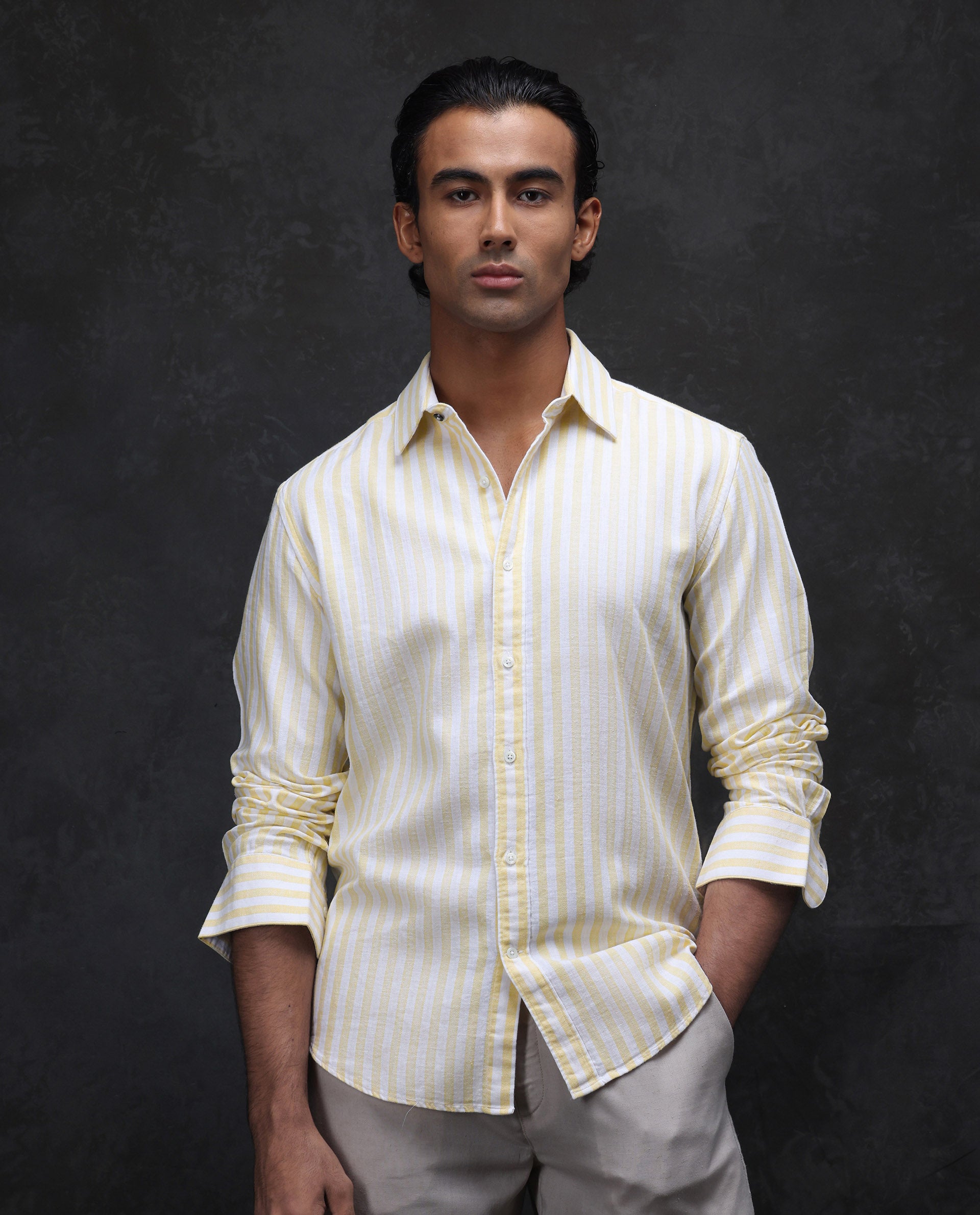 Rare Rabbit Men's Dopple Light Yellow Linen Blend Striped Print Regular Fit Full Sleeve Collared Shirt