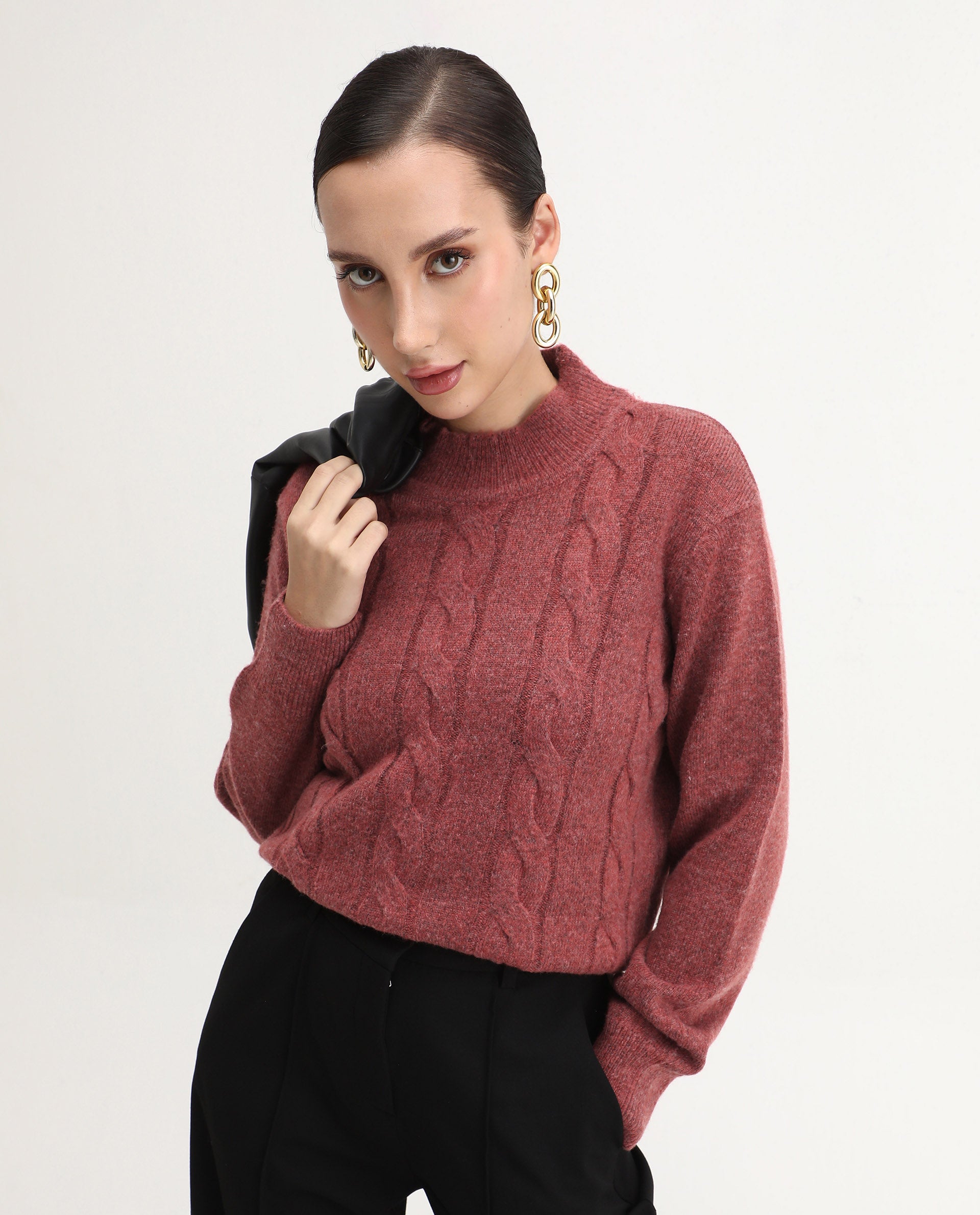 Rareism Women's Emmy Dark Rust Acrylic Blend High Neck Relaxed Fit Sweater