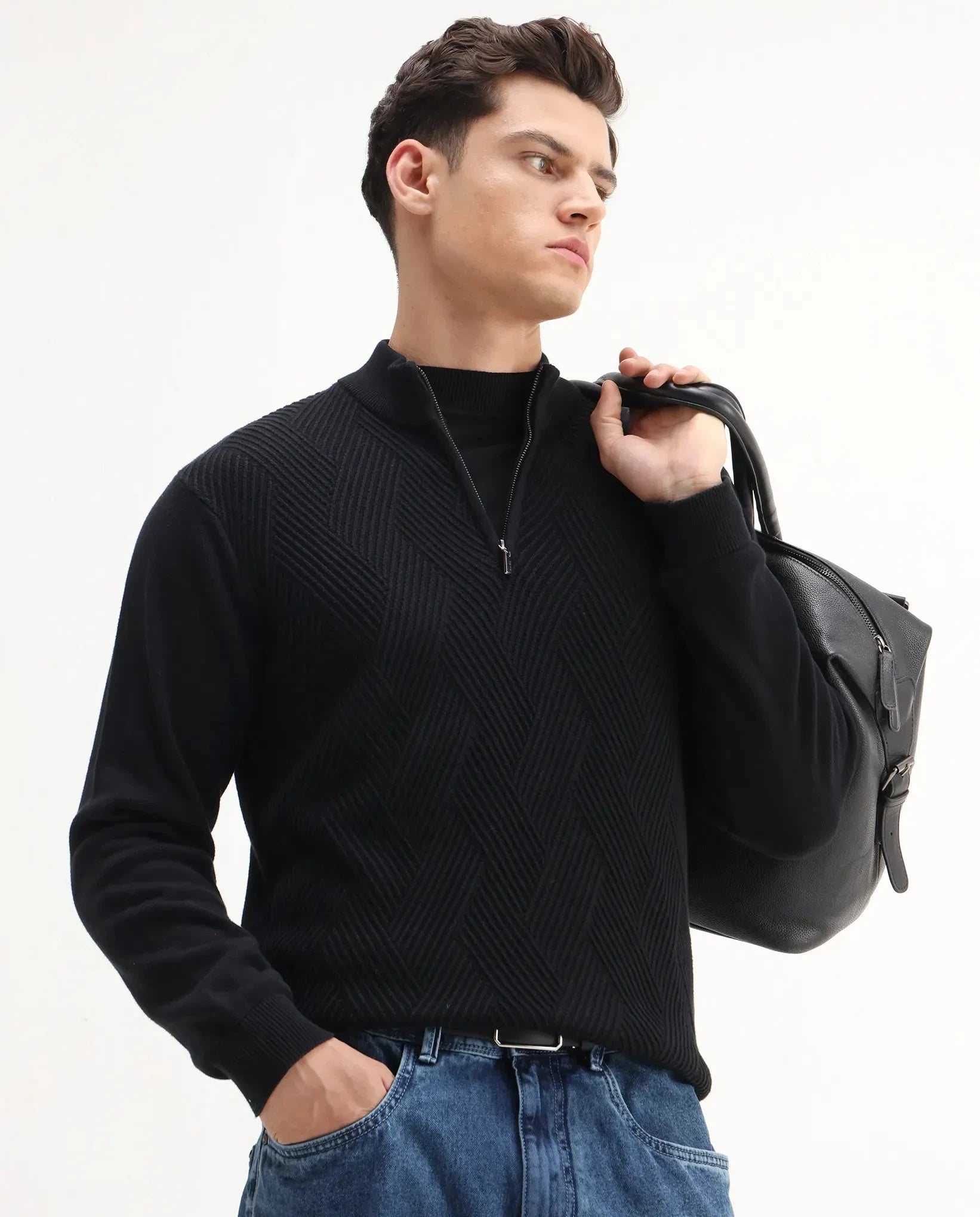 Rare Rabbit Men's Toyder Black Cotton Textured Regular Fit Full Sleeve High Neck Sweater