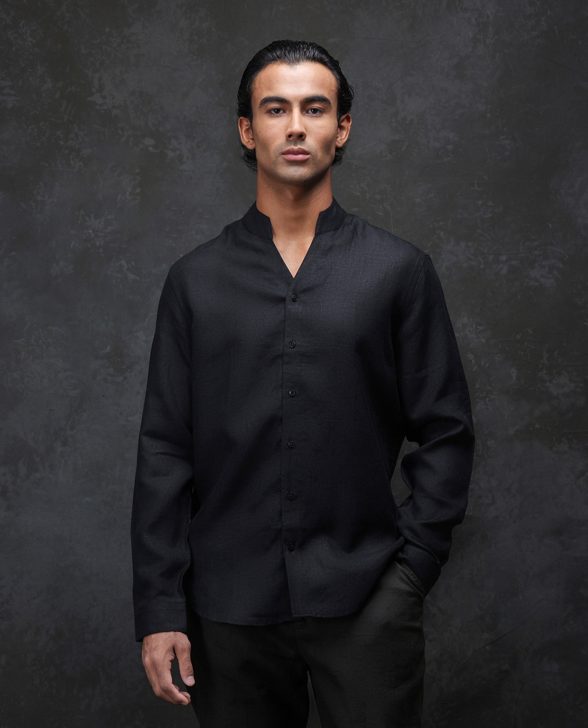 Rare Rabbit Men's Fig Black 100% Linen Plain Regular Fit Full Sleeve Mandarin Collar Shirt