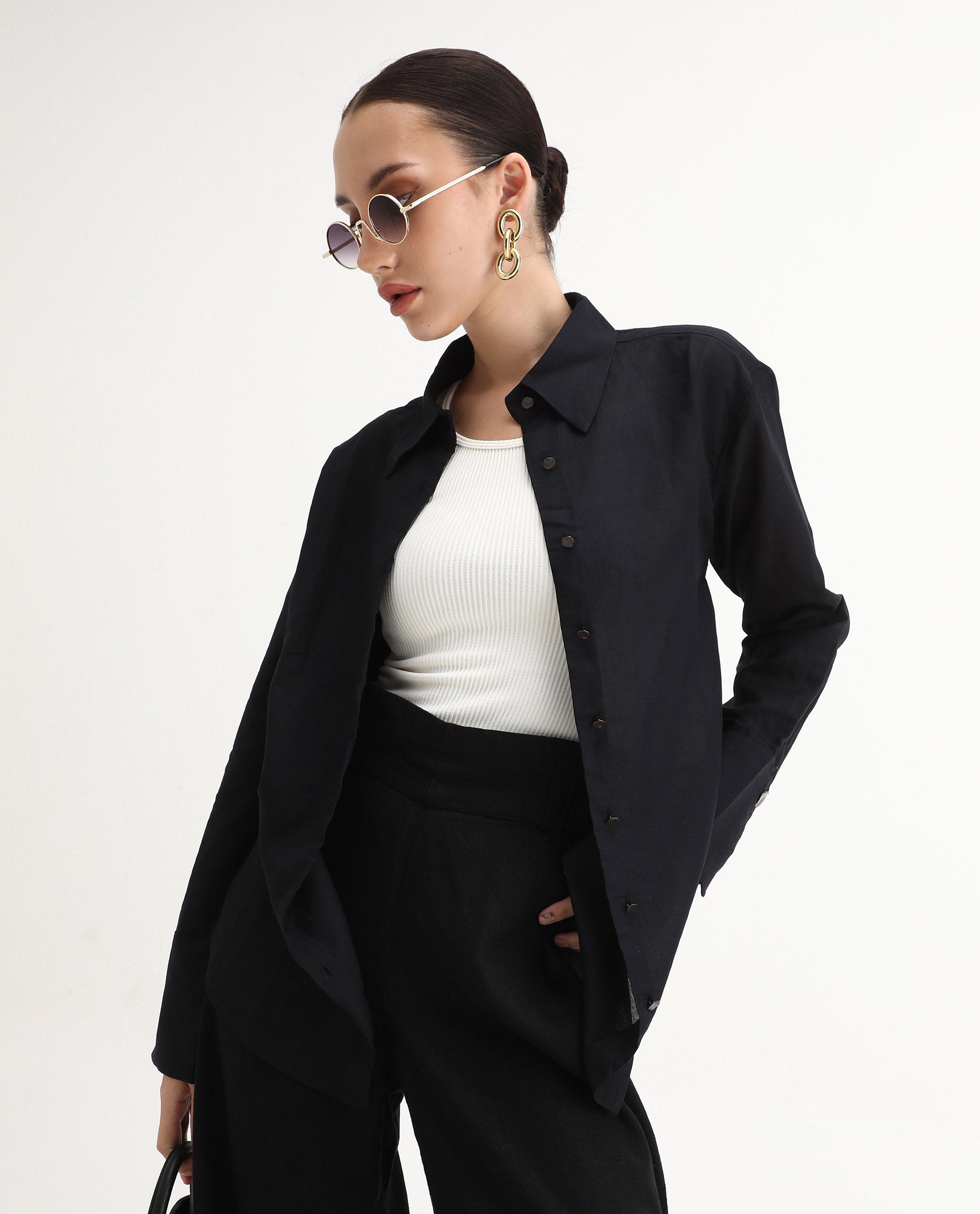 Rareism Women's Harper Black Linen Spread Collar Plain Regular Fit Top