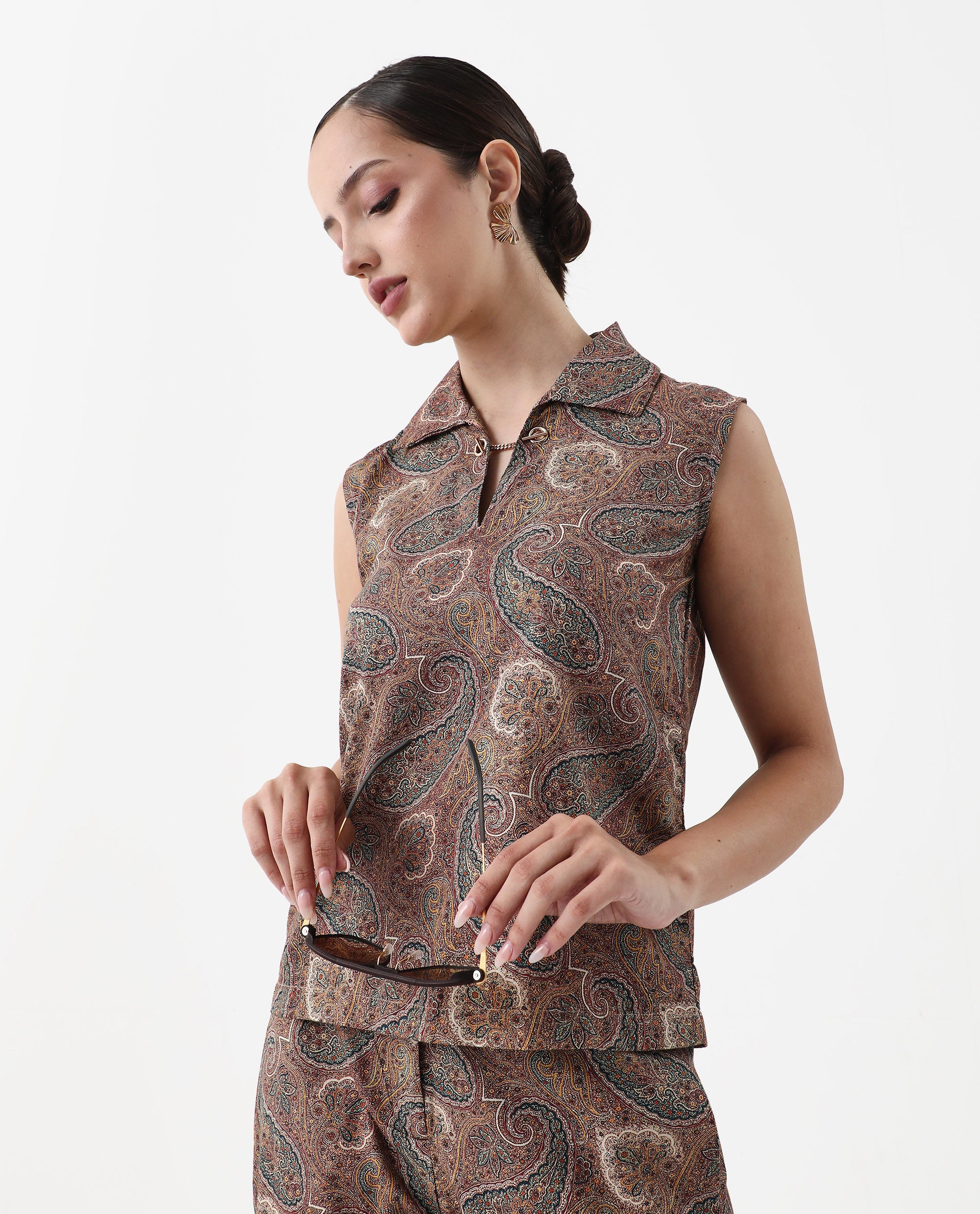 Rareism Women's Ronoro-T Multi Cotton Spread Collar Paisley Print Sleeveless Boxy Fit Top