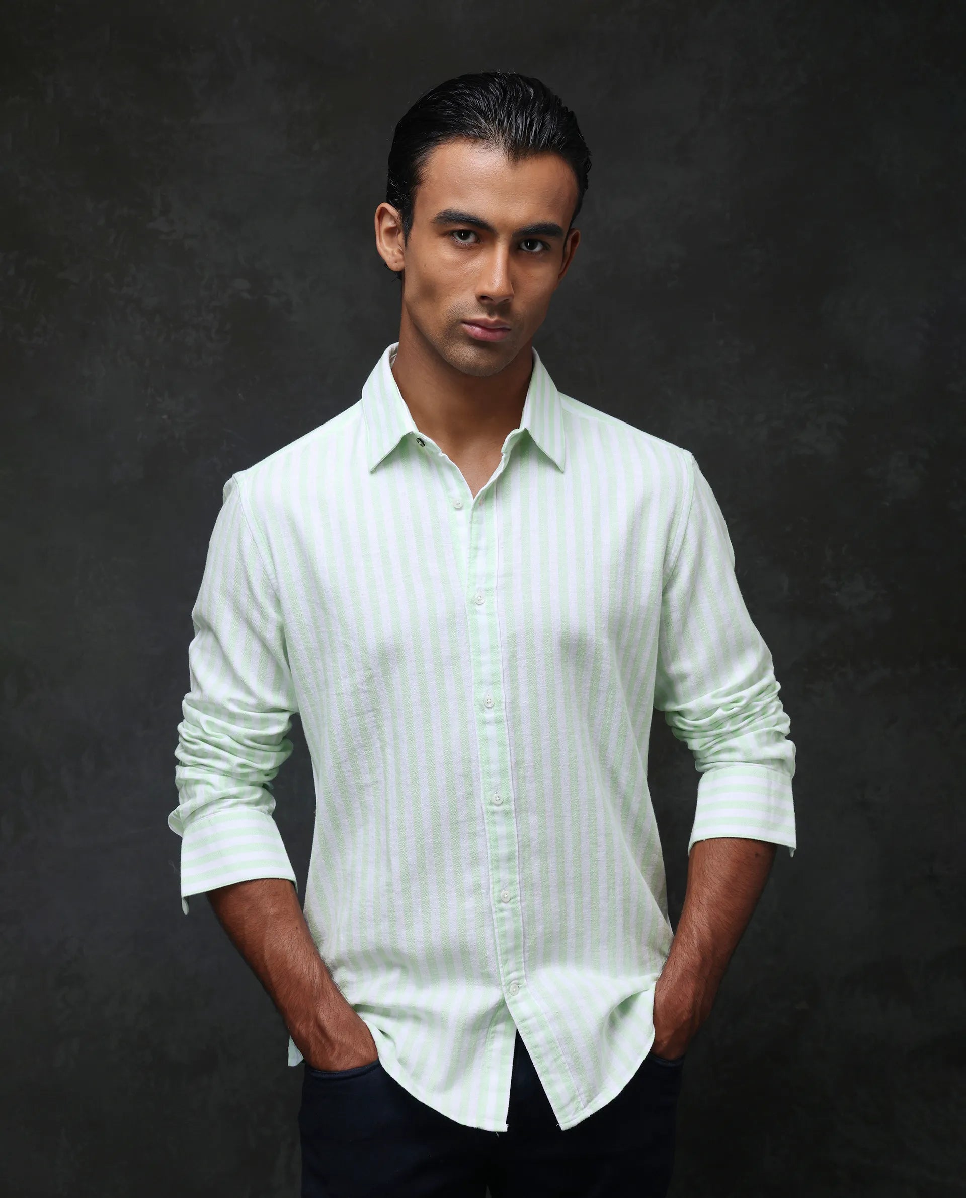 Rare Rabbit Men's Dopple Pastel Green Linen Blend Striped Print Regular Fit Full Sleeve Collared Shirt