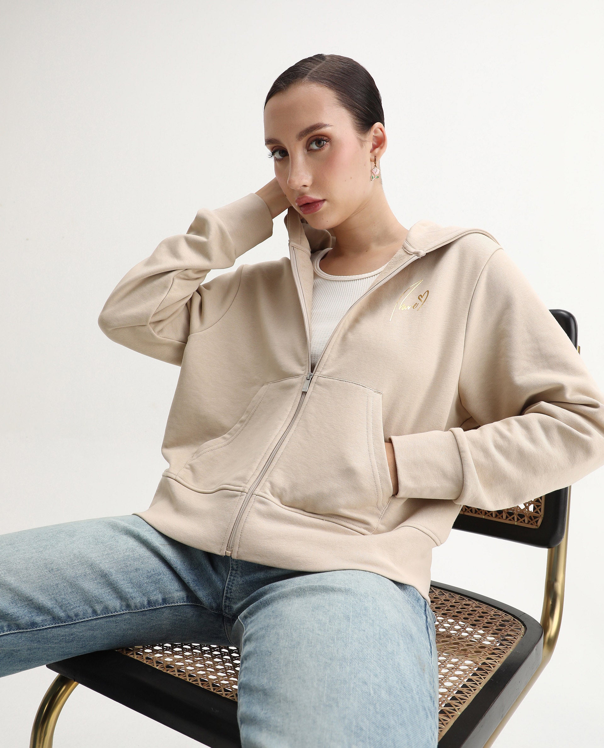 Rareism Women's Div Beige Cotton Blend Hooded Regular Fit Printed Sweatshirt