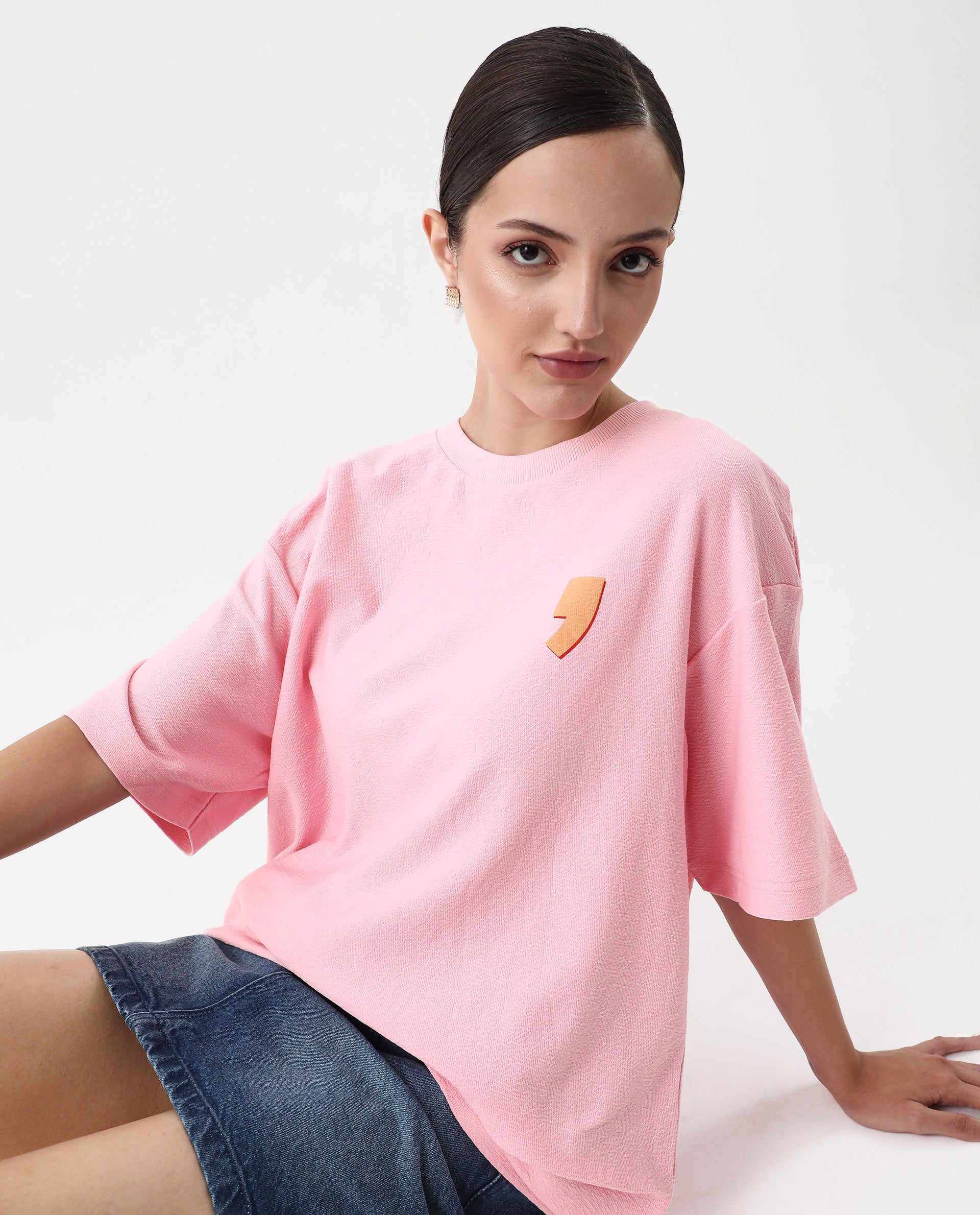 Rareism Women's Ransa Pink Cotton Graphic Print Oversized T-Shirt