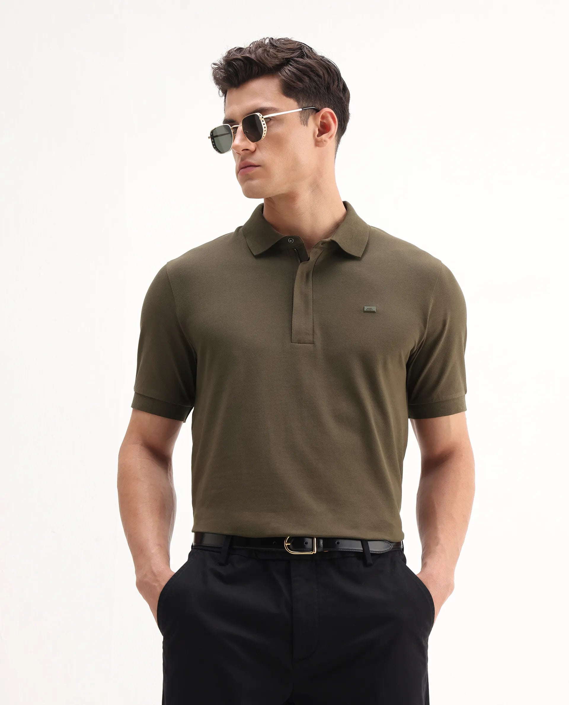 Rare Rabbit Men's Salis-A25 Dark Olive Cotton Blend Plain Regular Fit Half Sleeve Polo
