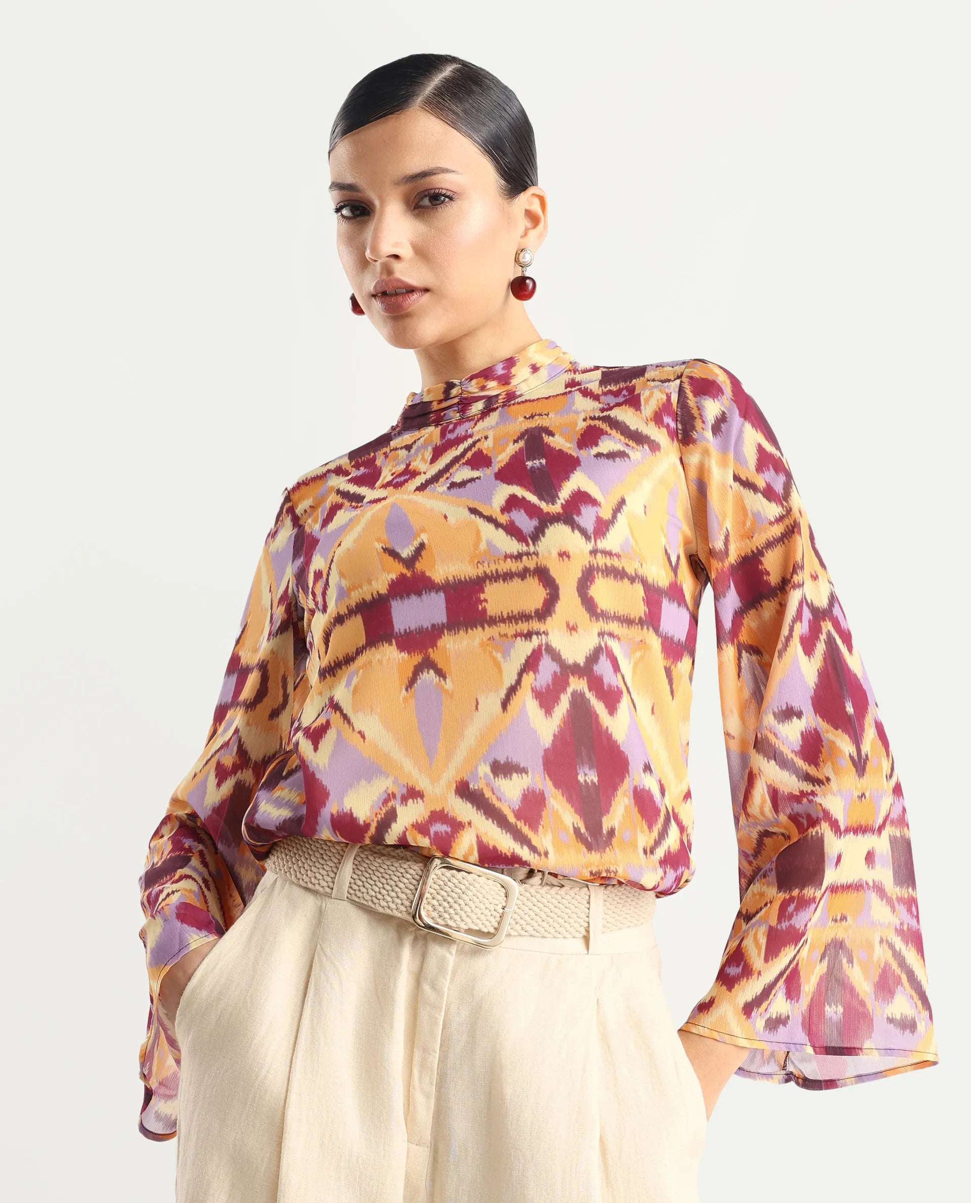 Rareism Women's Hokas Multi Polyester High Neck Abstract Print Relaxed Fit Top