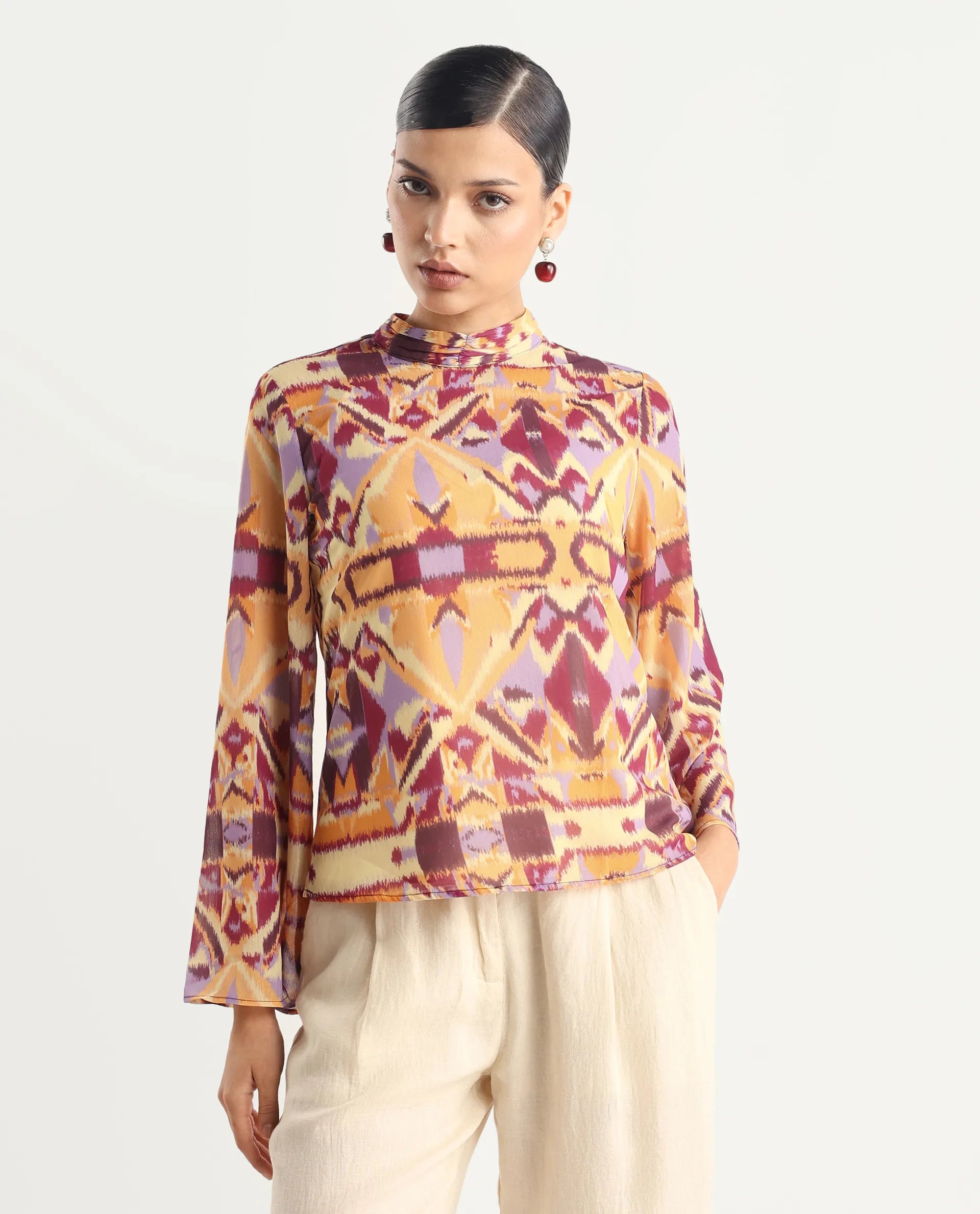 Rareism Women's Hokas Multi Polyester High Neck Abstract Print Relaxed Fit Top