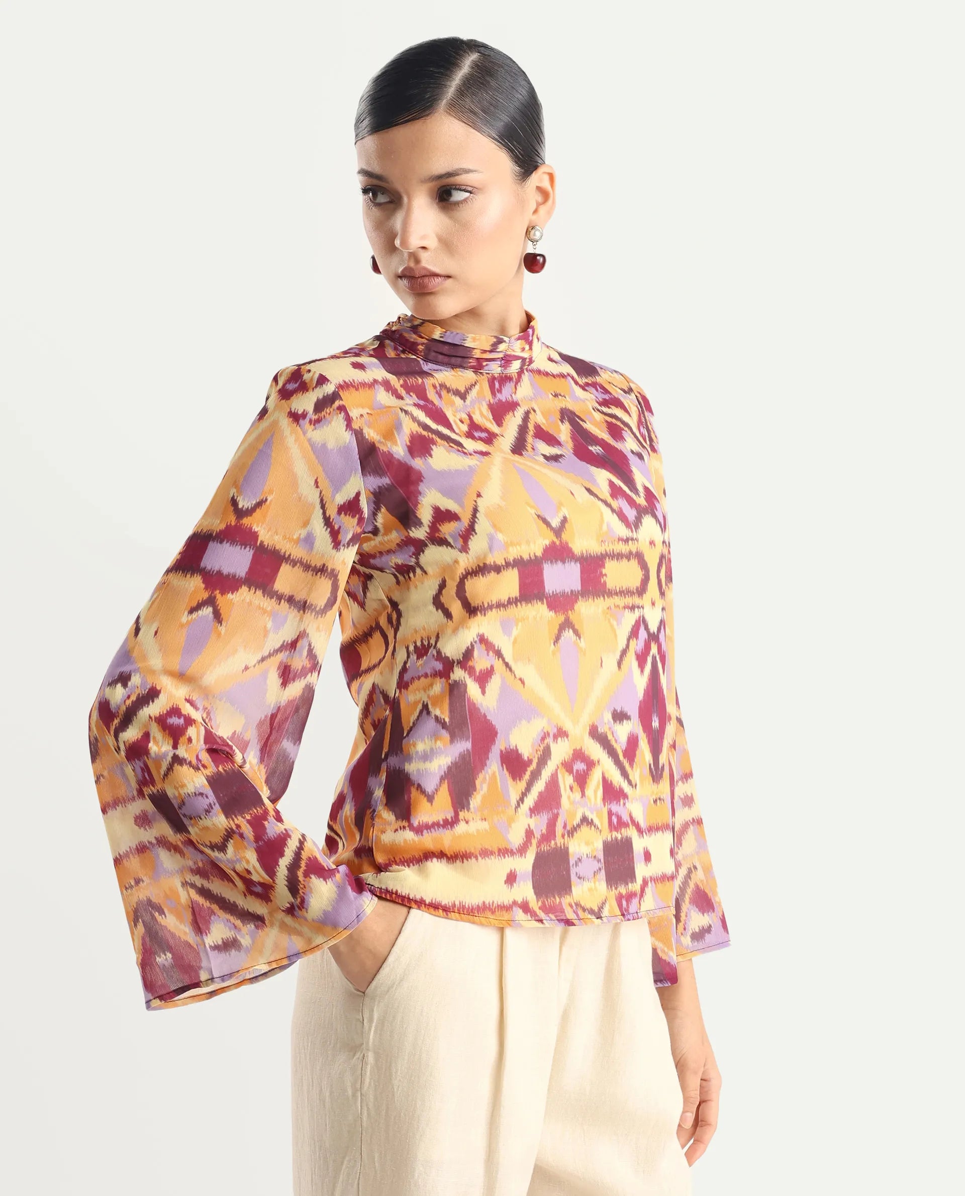 Rareism Women's Hokas Multi Polyester High Neck Abstract Print Relaxed Fit Top