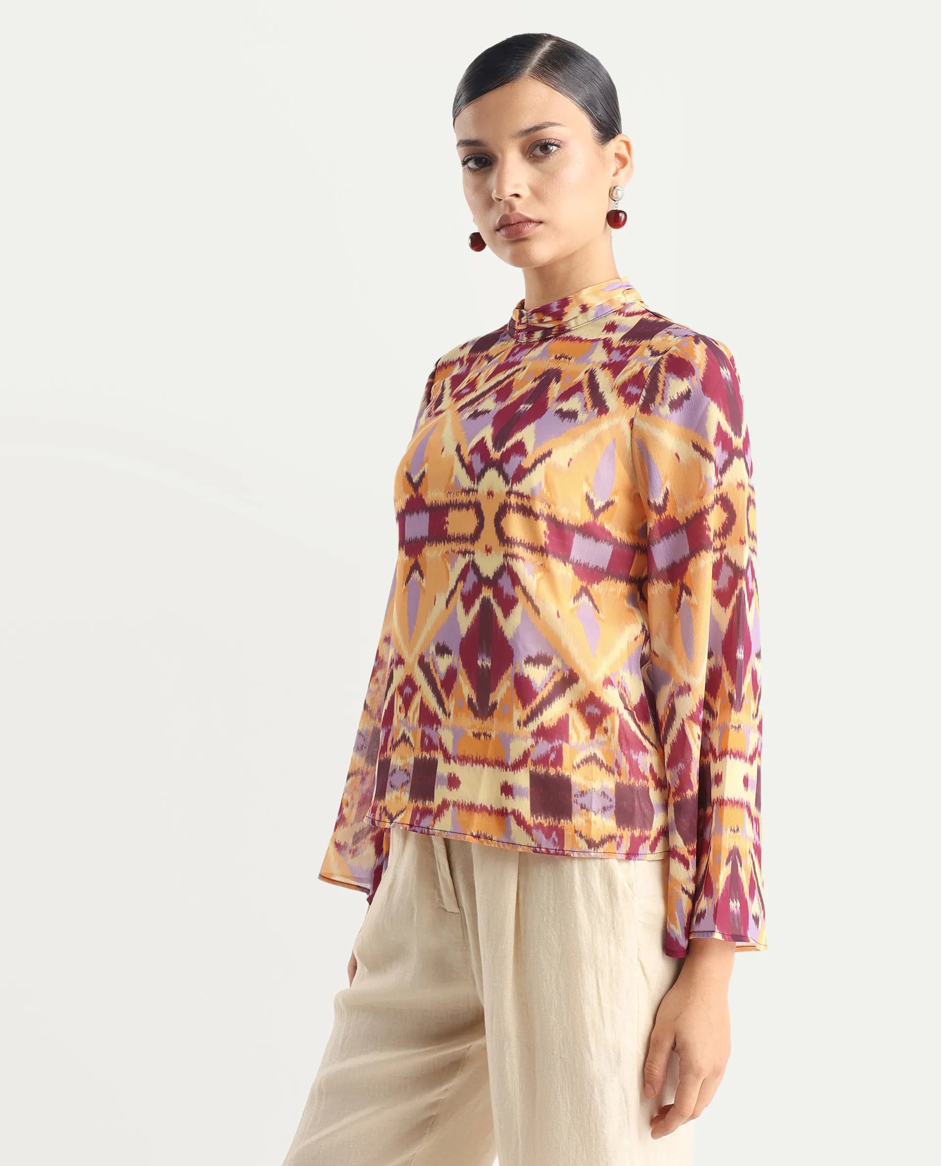 Rareism Women's Hokas Multi Polyester High Neck Abstract Print Relaxed Fit Top