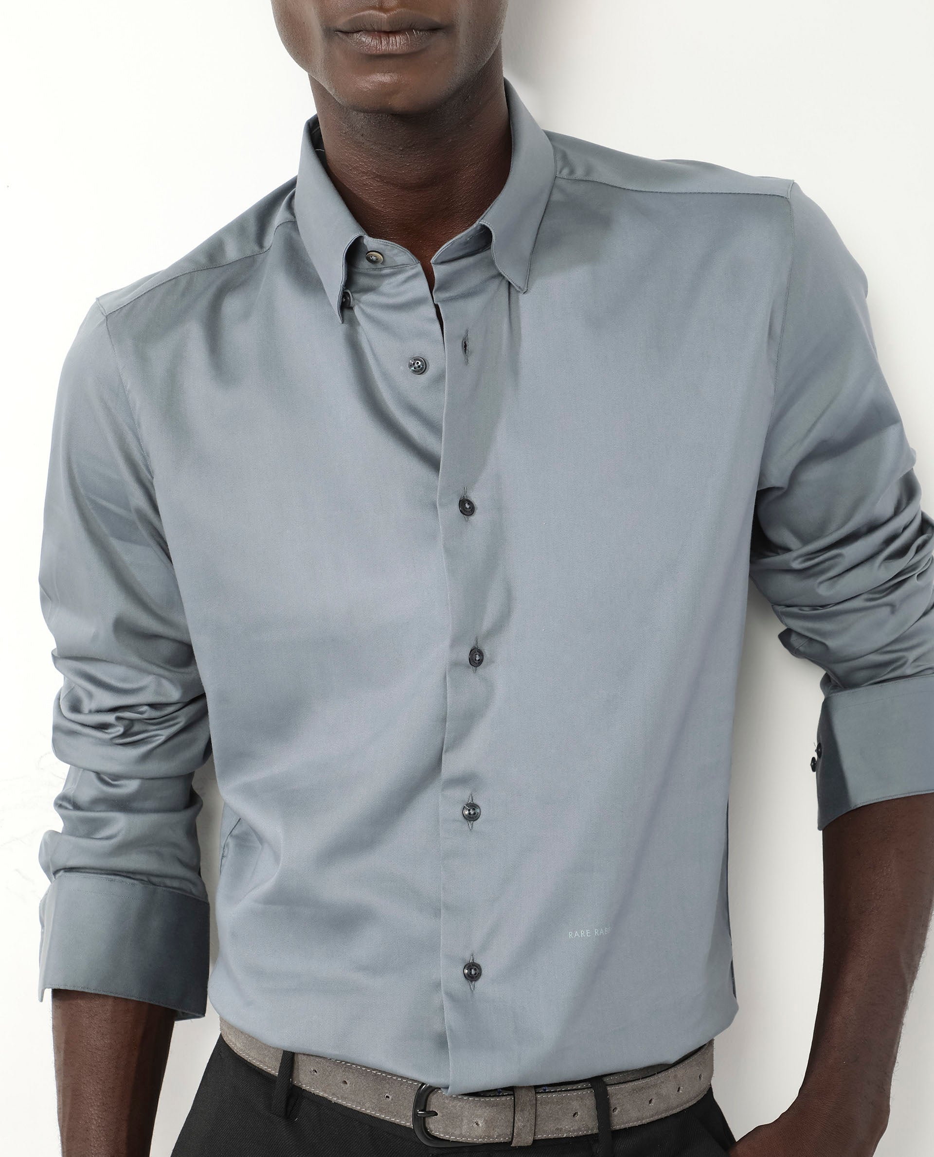 Rare Rabbit Men's Holand Dusky Green Satin Fabric Full Sleeves Solid Shirt