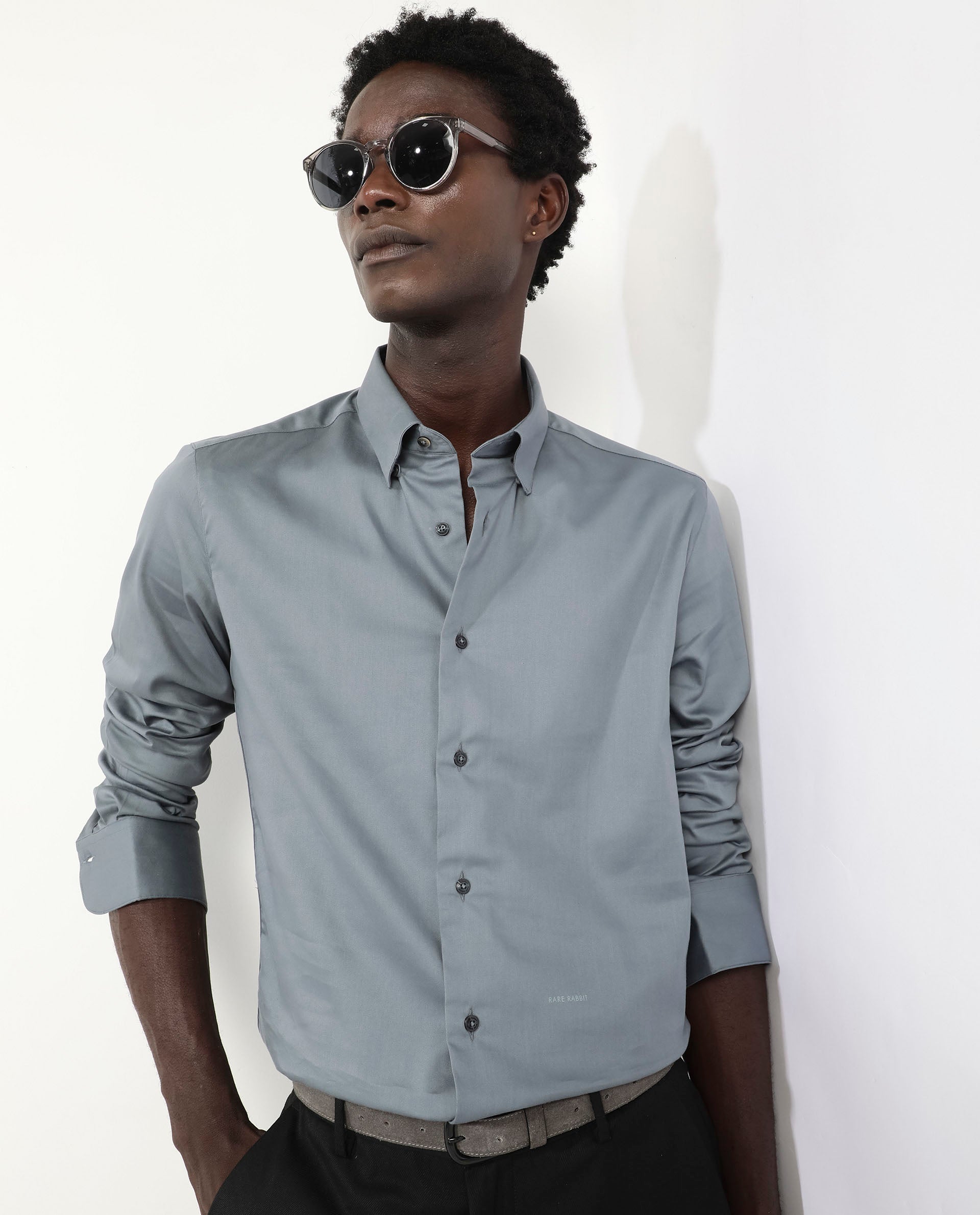 Rare Rabbit Men's Holand Dusky Green Satin Fabric Full Sleeves Solid Shirt