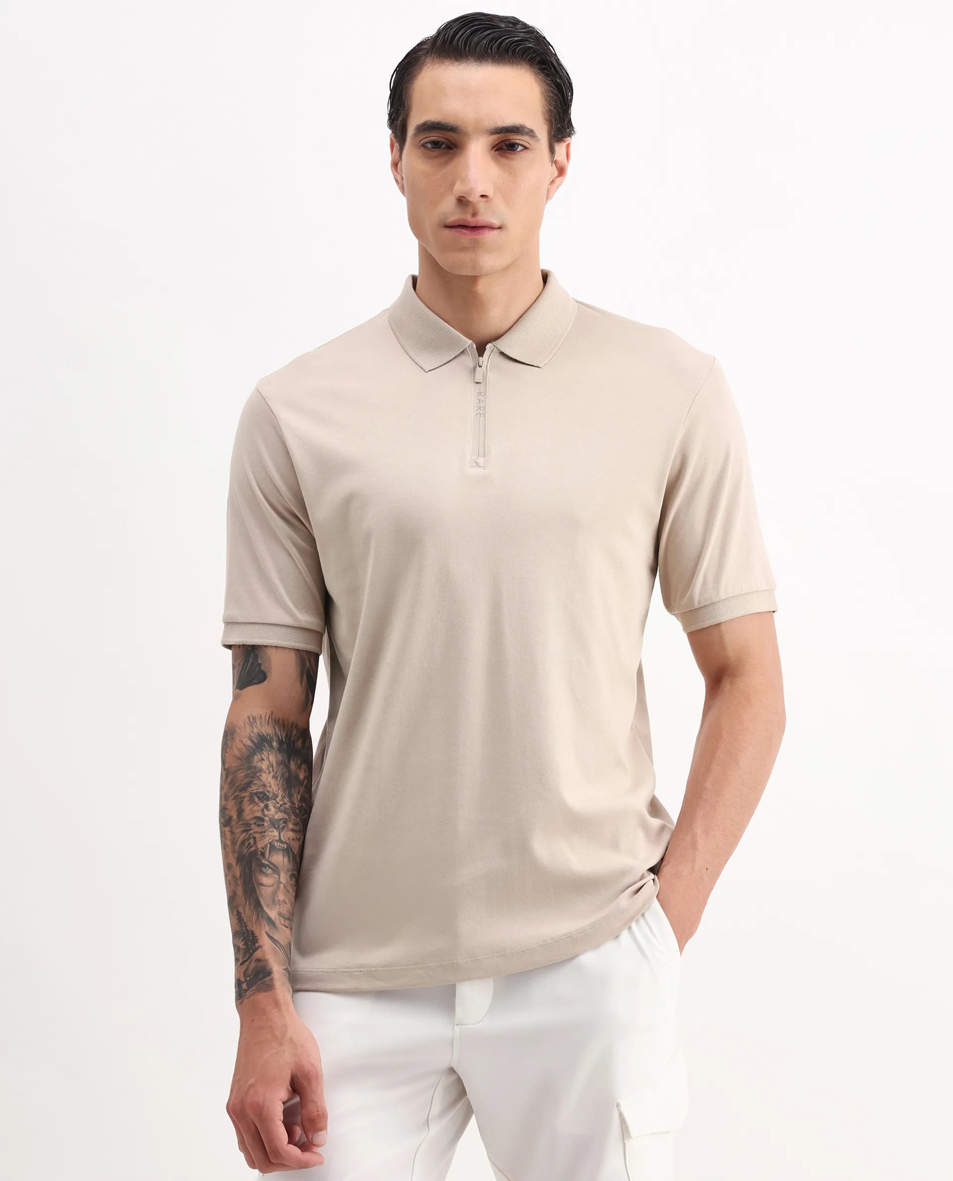 Rare Rabbit Men's Holit-1 Dusky Beige Cotton Plain Regular Fit Half Sleeve Polo