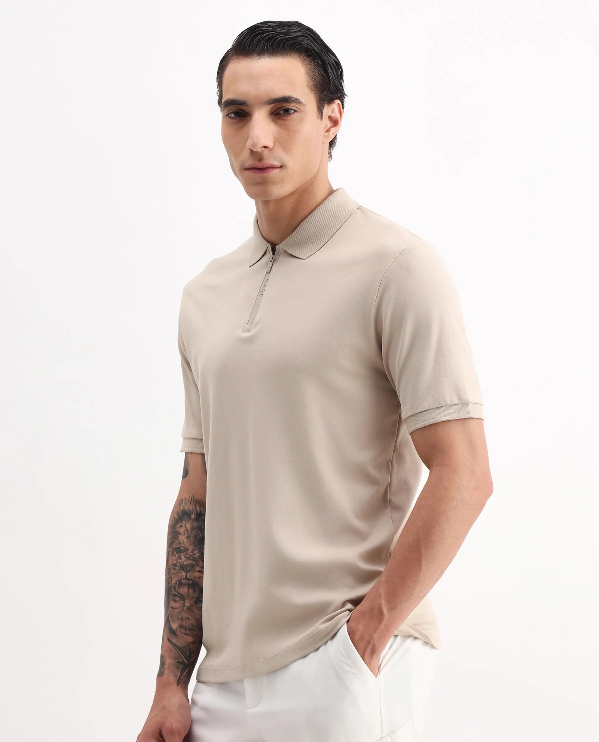 Rare Rabbit Men's Holit-1 Dusky Beige Cotton Plain Regular Fit Half Sleeve Polo